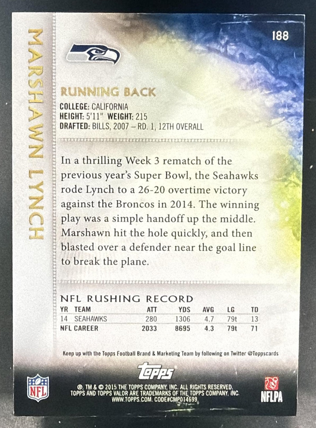 2015 Topps Valor Marshawn Lynch #188 9/50 Seahawks — back