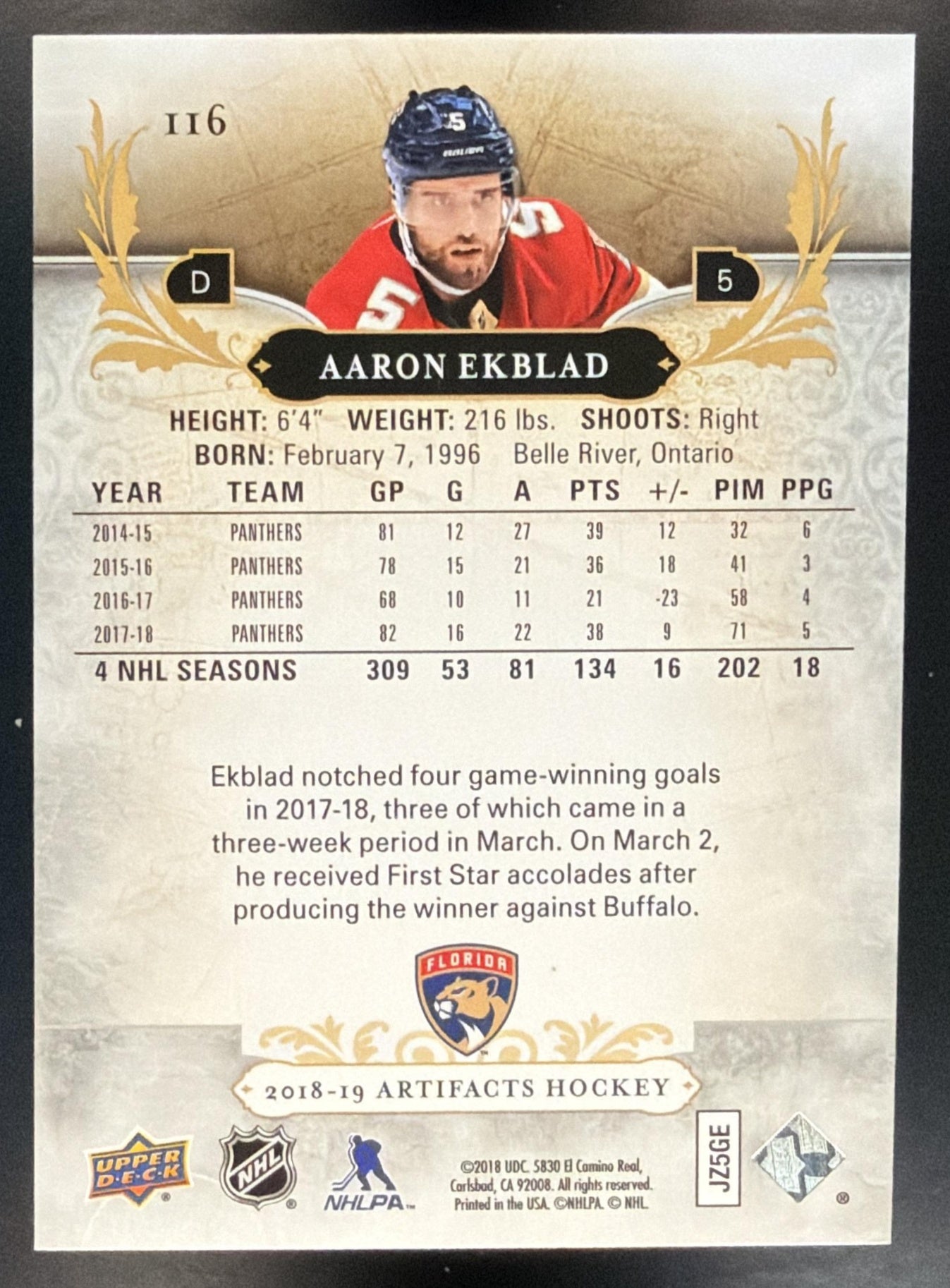 2018-19 Upper Deck Artifacts Aaron Ekblad #116 Aqua 18/45 Panthers — back