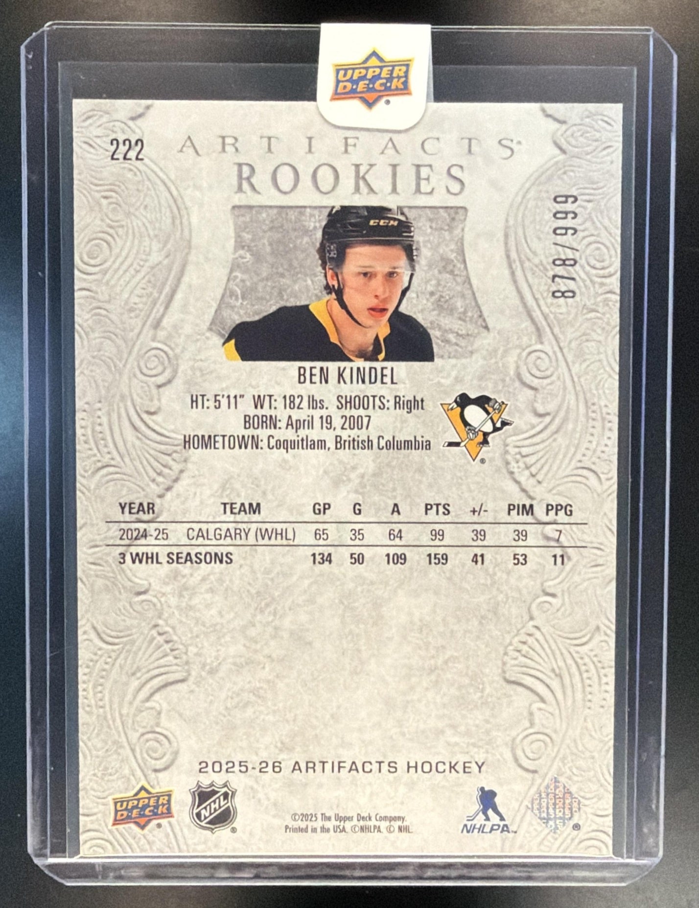 2025 Upper Deck Artifacts Ben Kindel #222 Rookie Redemptions /999 RC — back