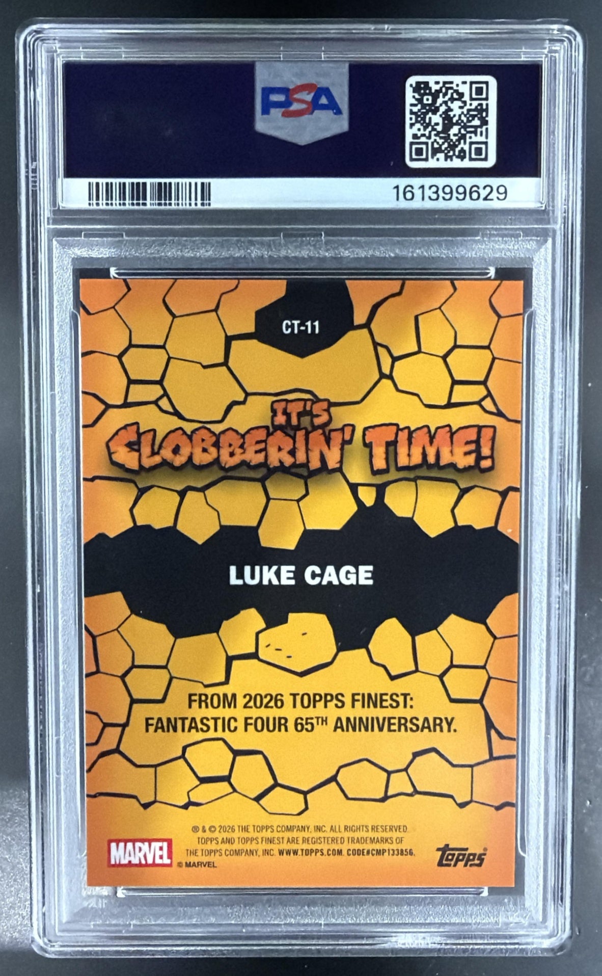 2026 Topps Marvel Finest Fantastic Four Luke Cage Clobberin Time Gold /50 PSA 10 — back
