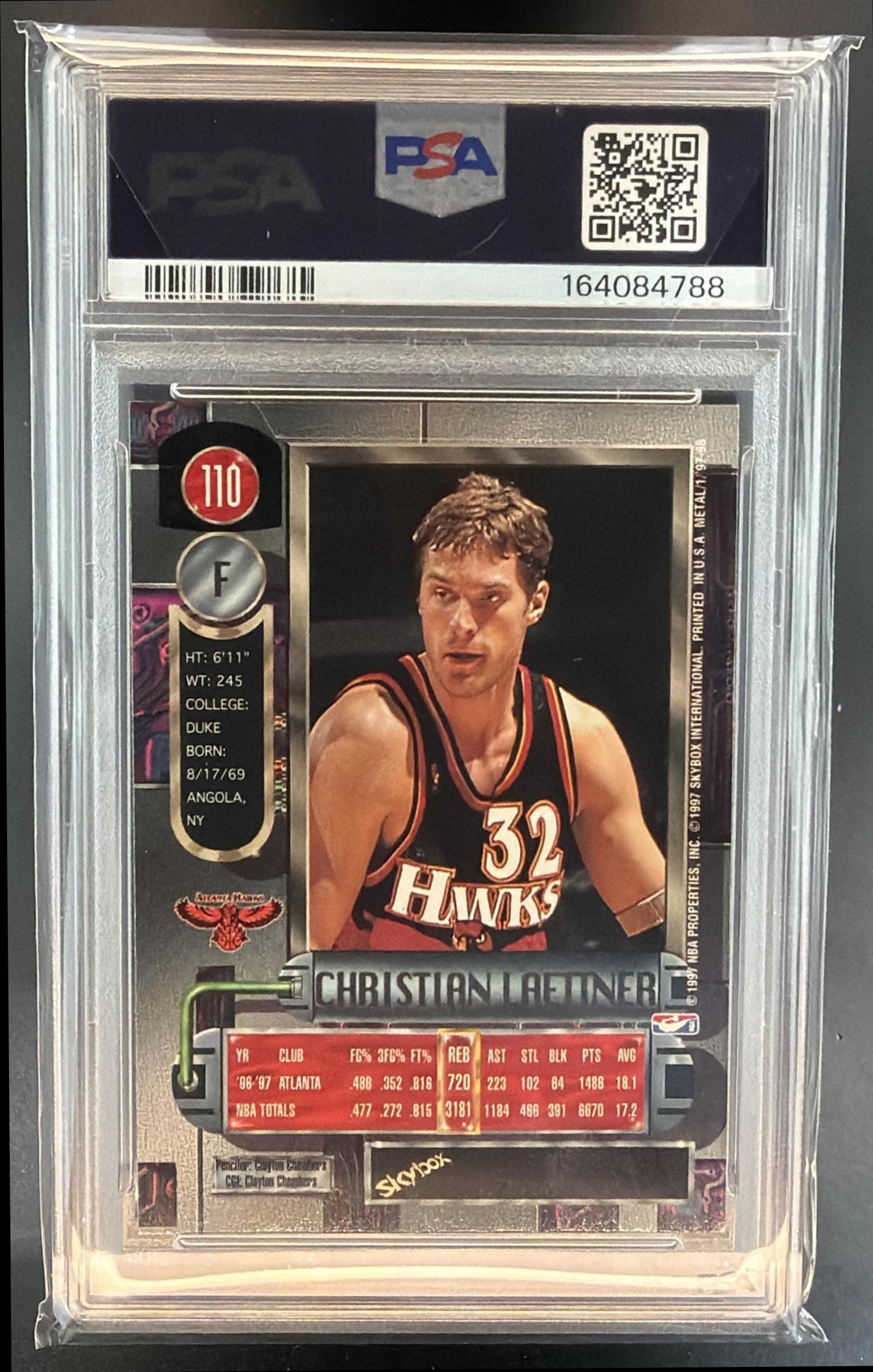 1997-98 Skybox Metal Universe Christian Laettner #110 Hawks PSA 8 — back