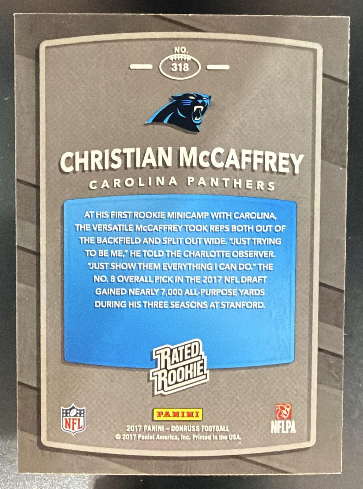 2017 Panini Donruss Christian McCaffrey #318 RC Rated Rookie Panthers — back