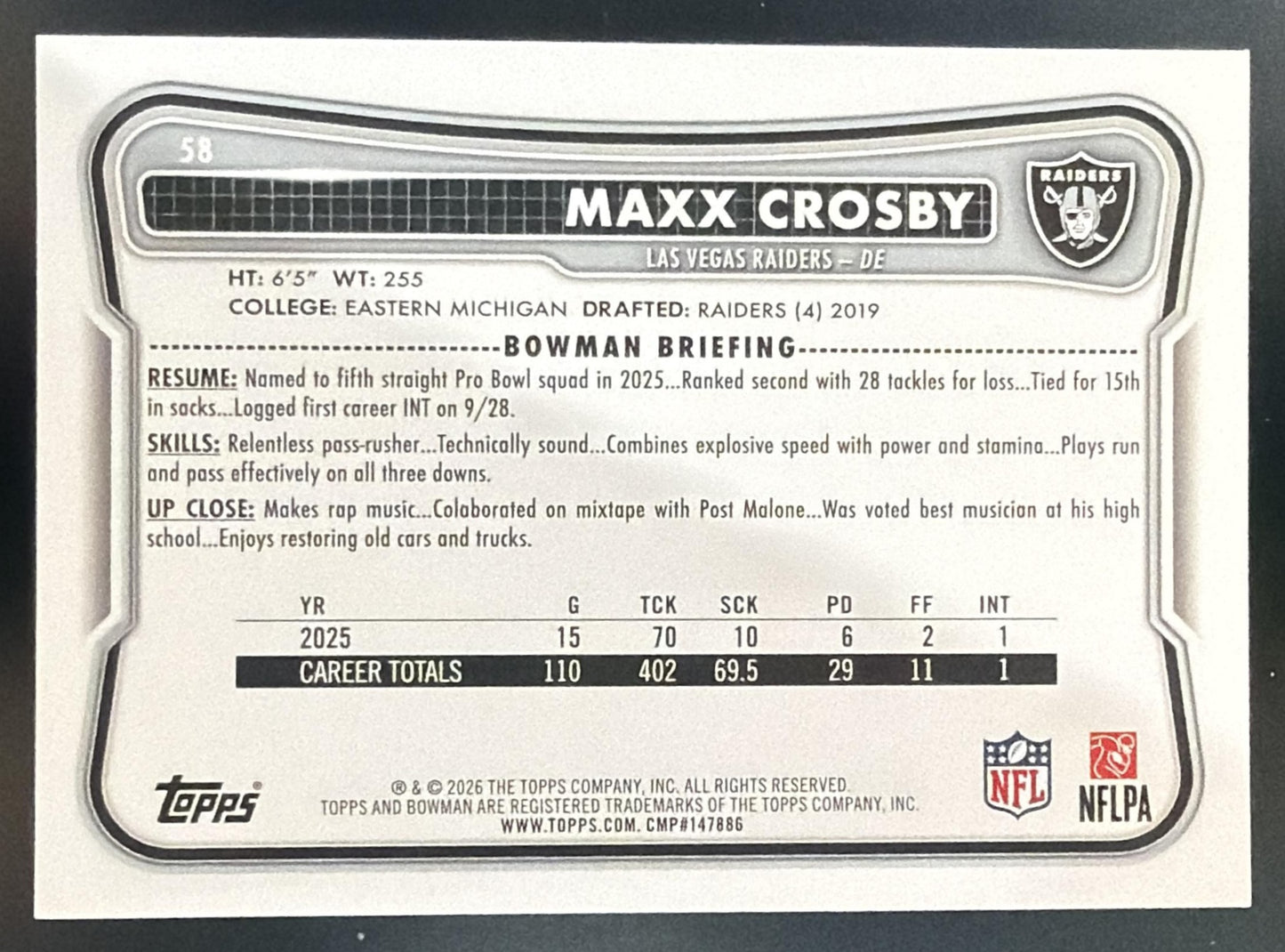 2026 Bowman Maxx Crosby #58 NFL Yellow 214/275 Raiders — back