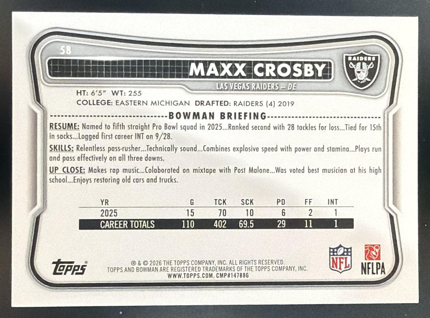 2026 Bowman Maxx Crosby #58 NFL Yellow 214/275 Raiders — back