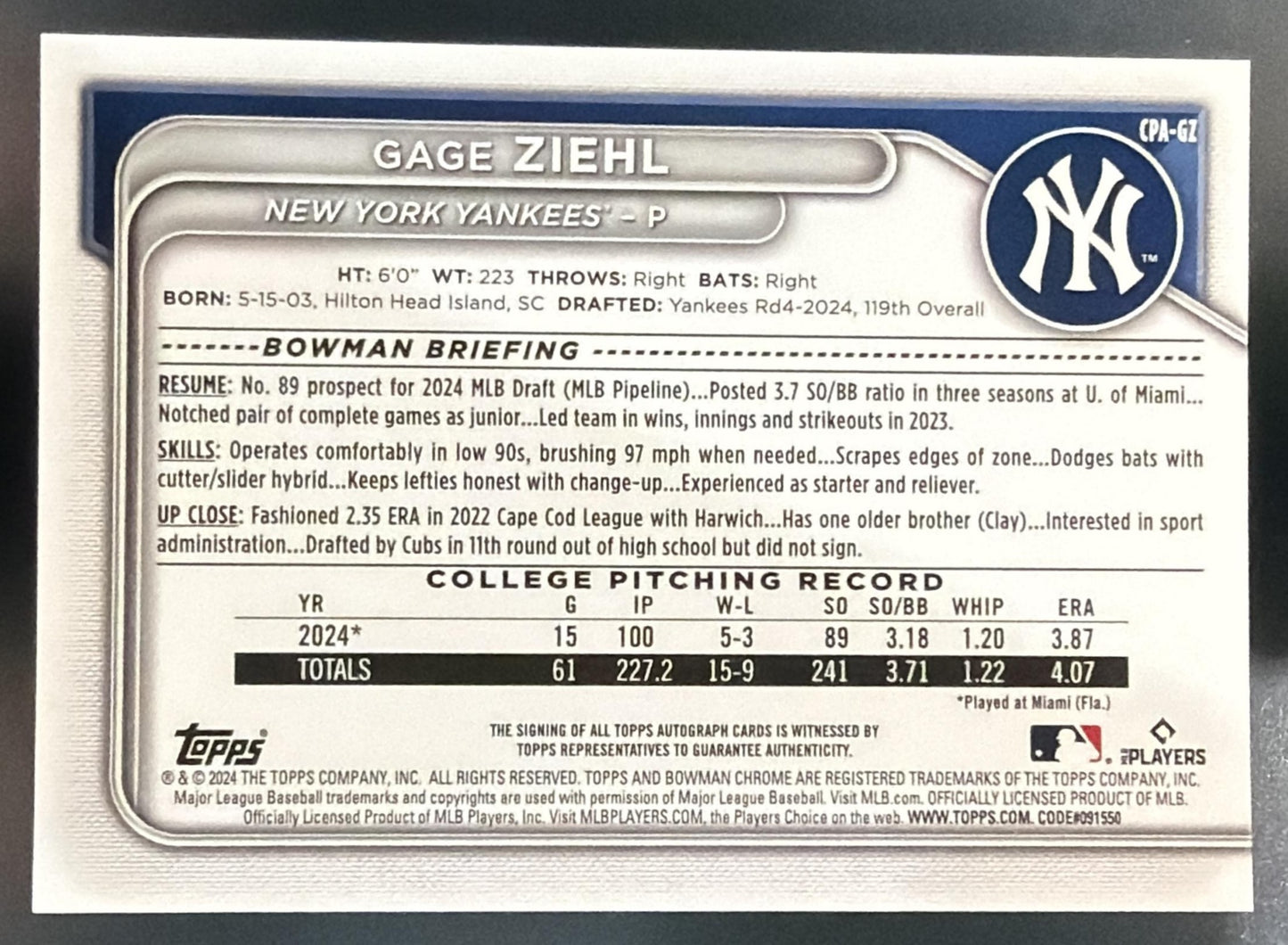 2024 Bowman Draft Gage Ziehl Chrome Auto Blue Wave Refractor /150 1st Prospect — back