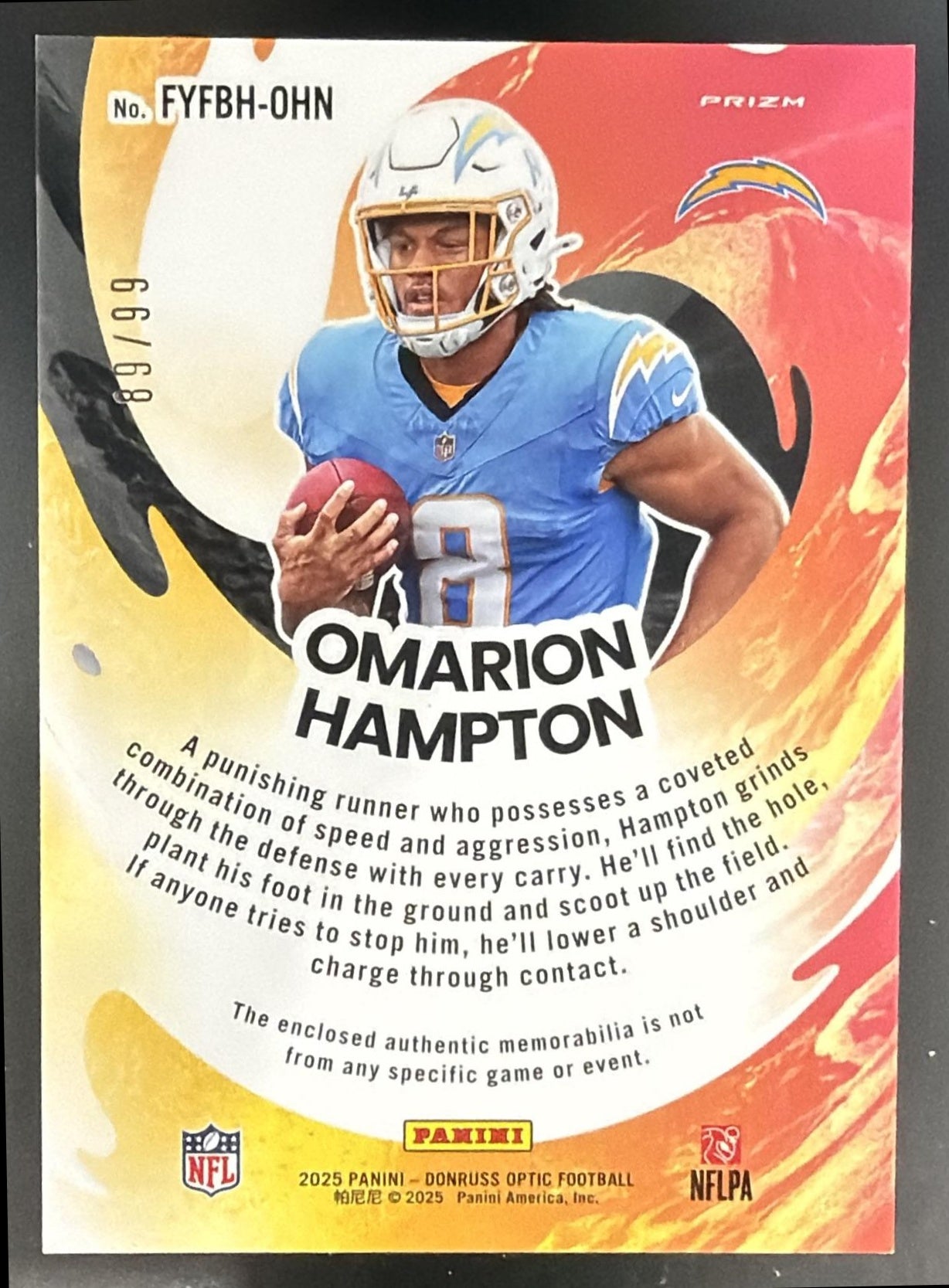 2025 Donruss Optic Omarion Hampton First Year Fresh Neon Yellow Prizm /99 MEM RC — back