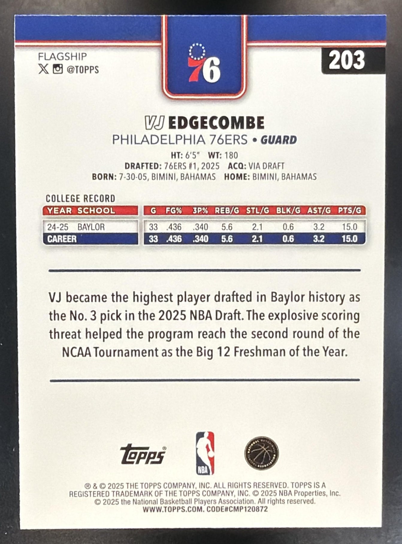 2025-26 Topps VJ Edgecombe #203 Crackleboard Foil — back