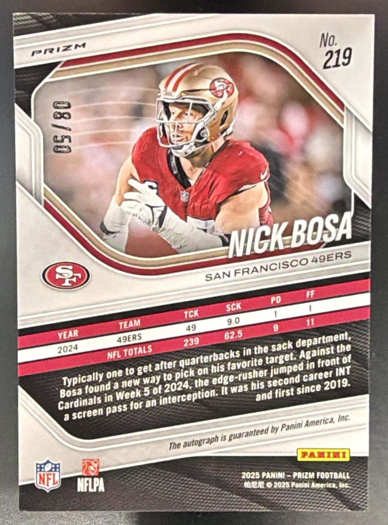 2025 Panini Prizm Nick Bosa #219 Choice Auto 8/50 49ers — back