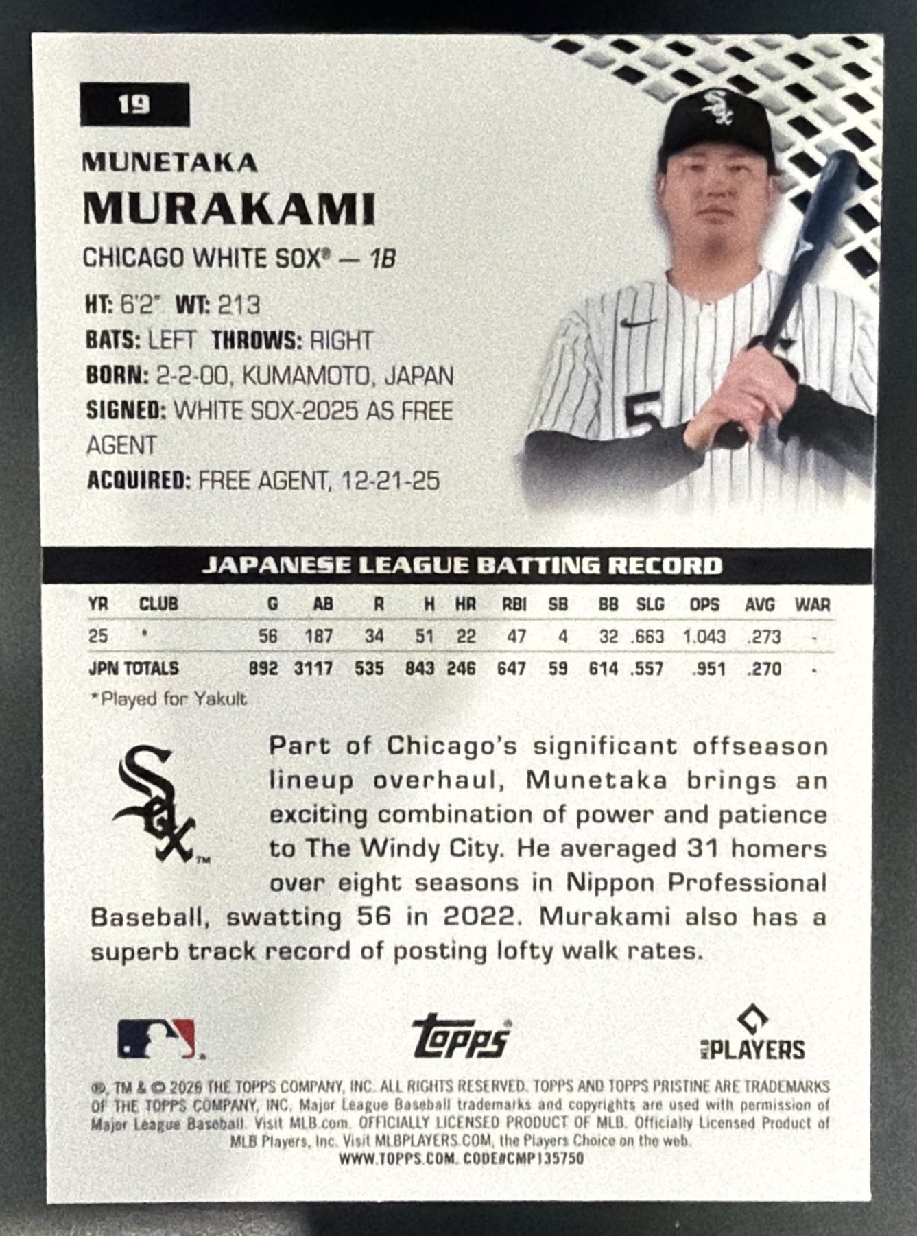 2026 Topps Pristine Munetaka Murakami #19 Paint the Corners Refractor RC — back
