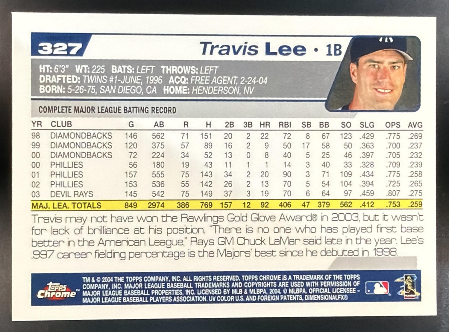 2004 Topps Chrome Travis Lee #327 Red X Fractors Yankees — back