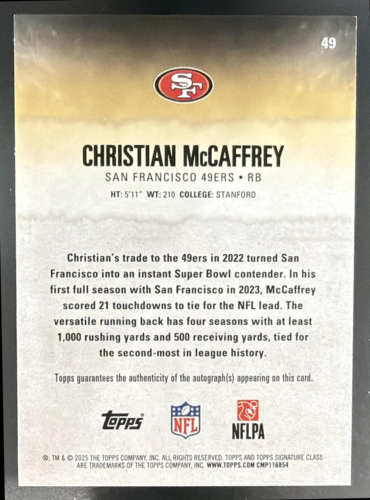 2025 Topps Signature Class Christian McCaffrey #49 Veteran Auto Black Foil /10 — back