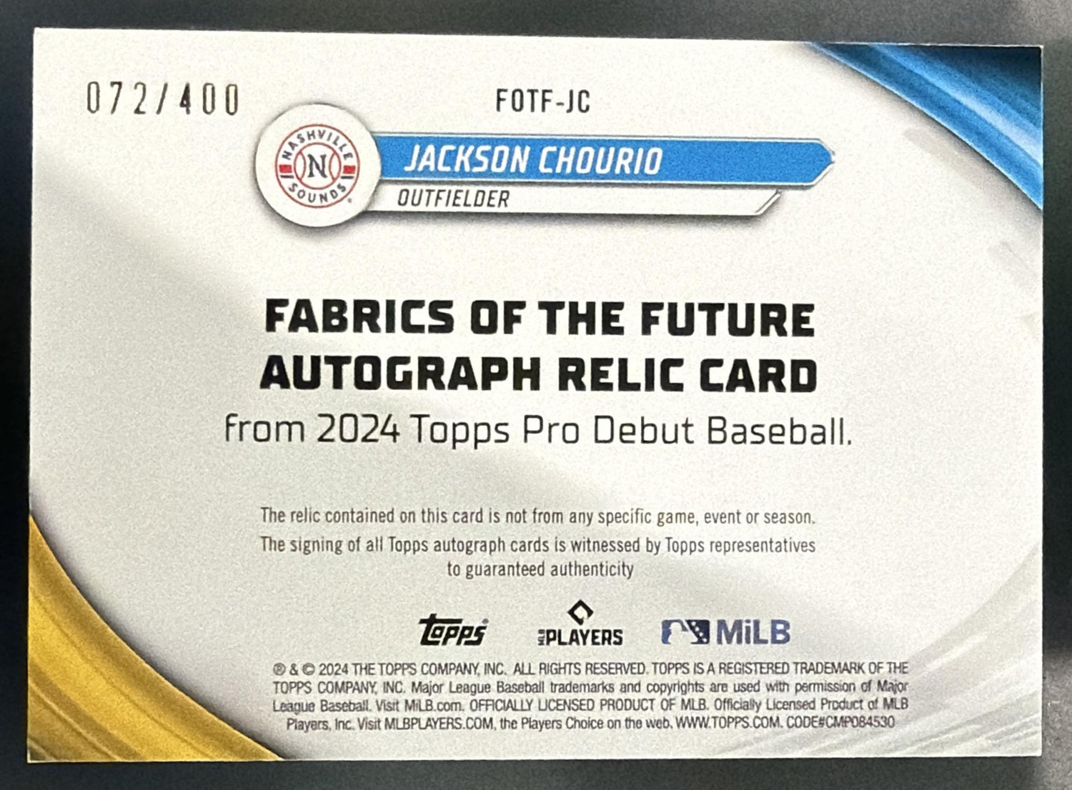 2024 Topps Pro Debut Jackson Chourio Fabrics of the Future Auto Relics /400 RC — back