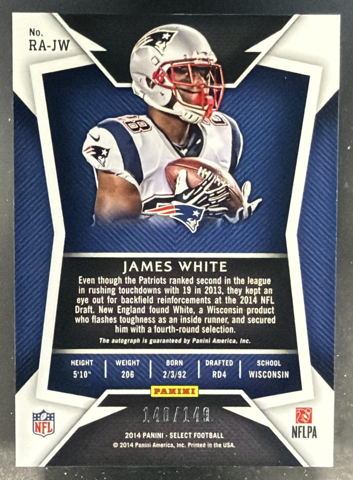 2014 Panini Select James White #RA-JW Rookie Auto Prizm /149 RC Patriots — back