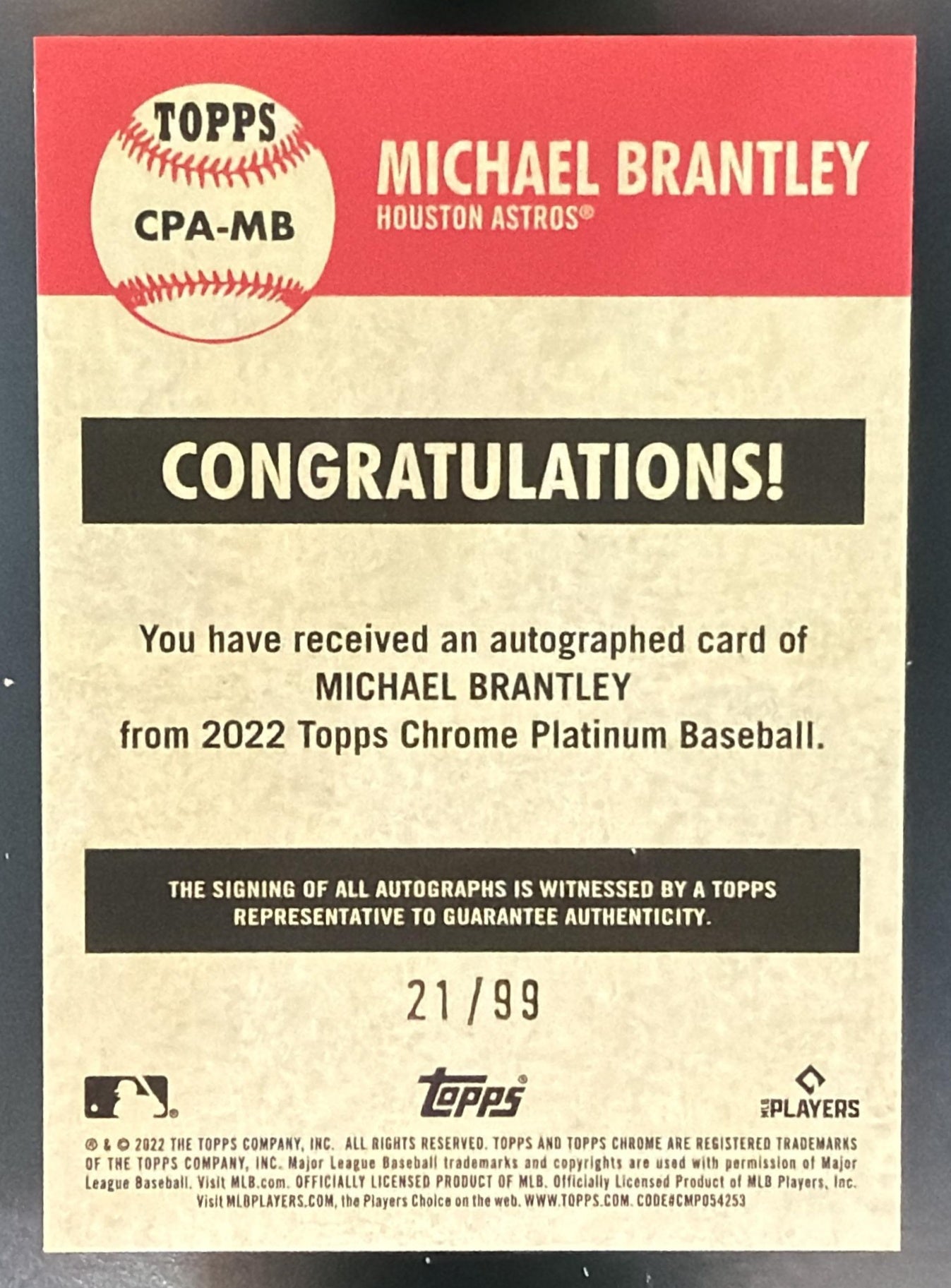2022 Topps Chrome Platinum Anniversary Michael Brantley Auto Blue Refractor /99 — back