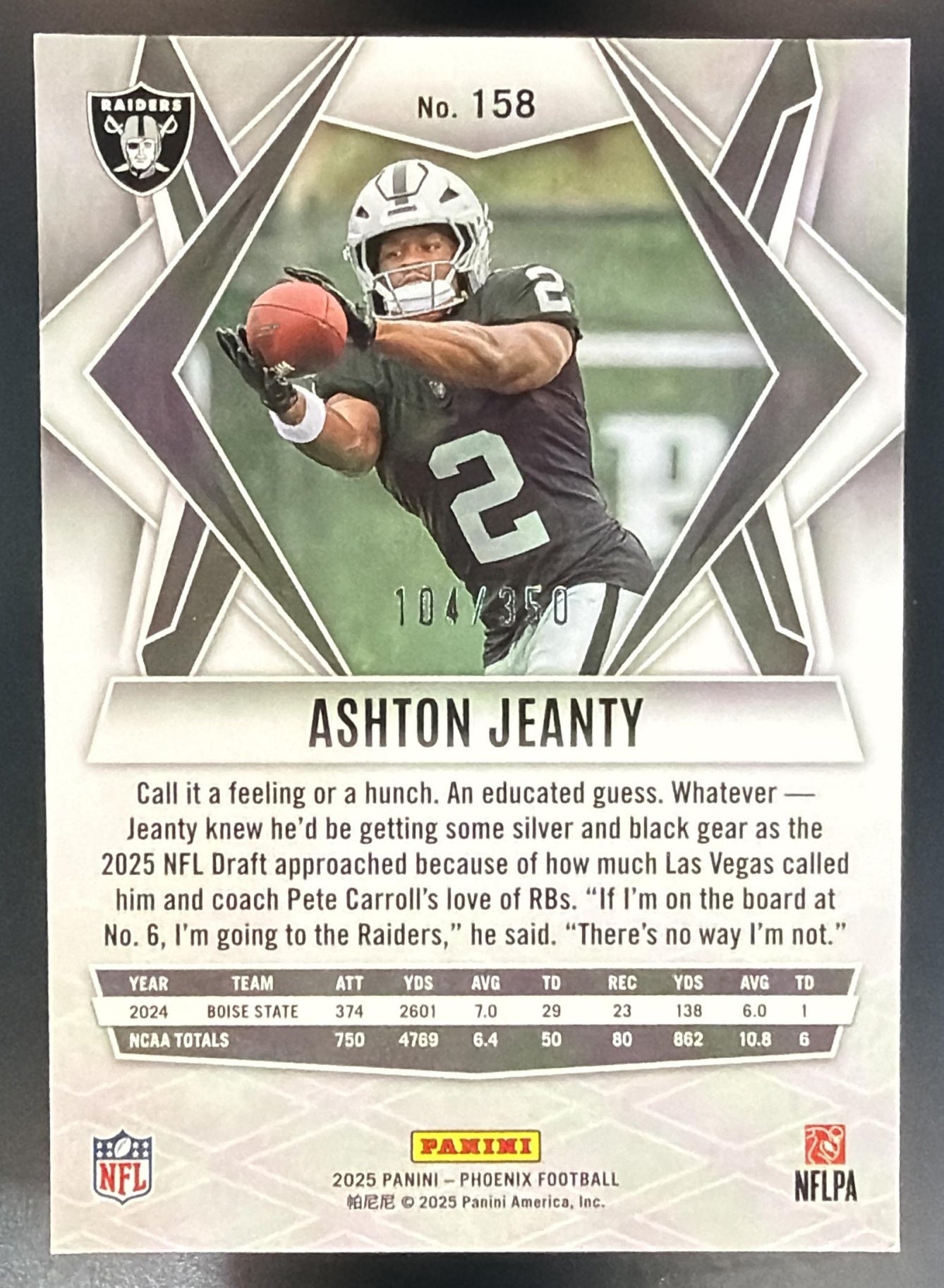 2025 Panini Phoenix Ashton Jeanty #158 Fire Burst Prizm 104/350 RC Raiders — back