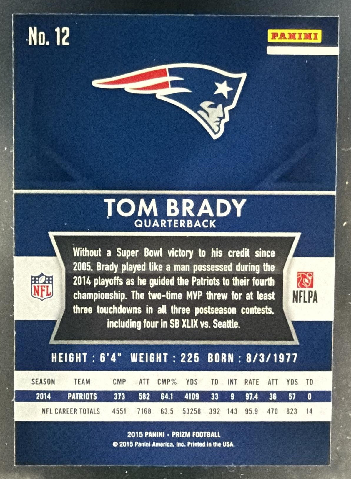2015 Panini Prizm Tom Brady #12 Patriots — back