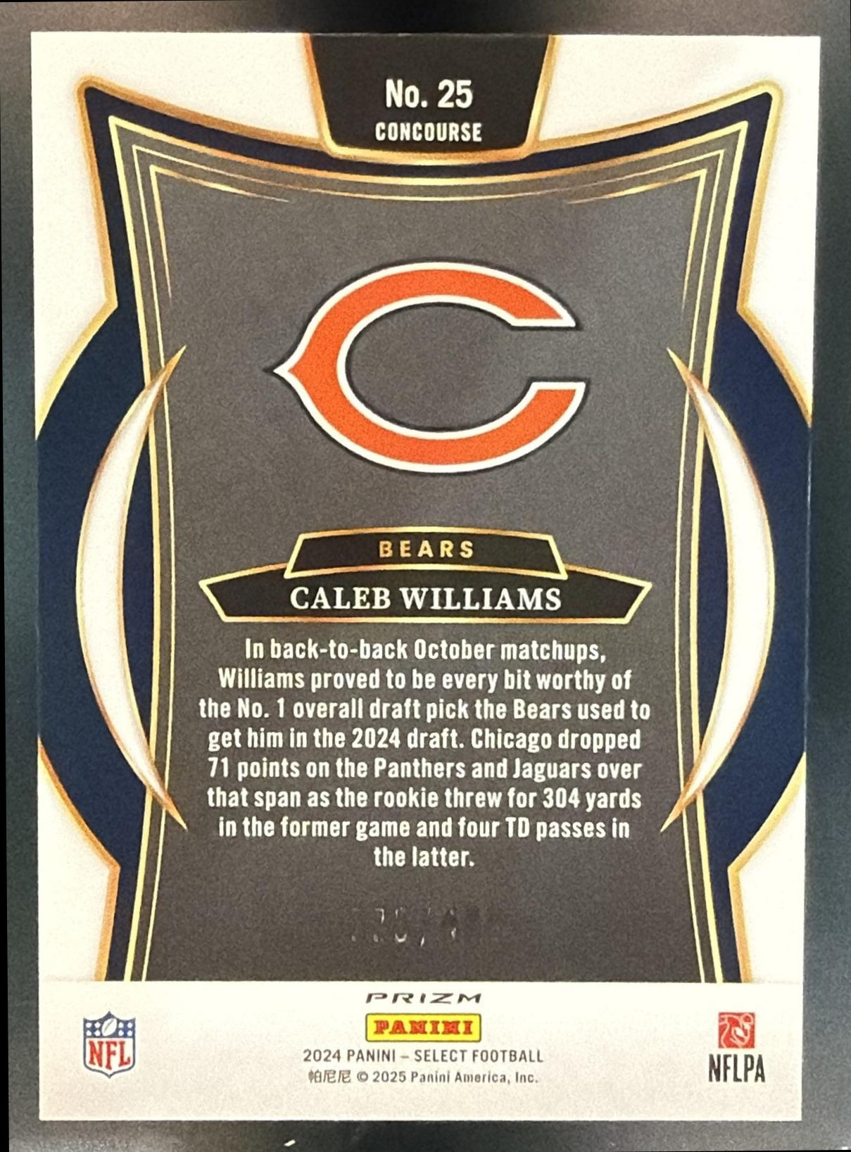 2024 Panini Select Caleb Williams #25 Concourse Orange Prizm Shock /499 RC Bears — back