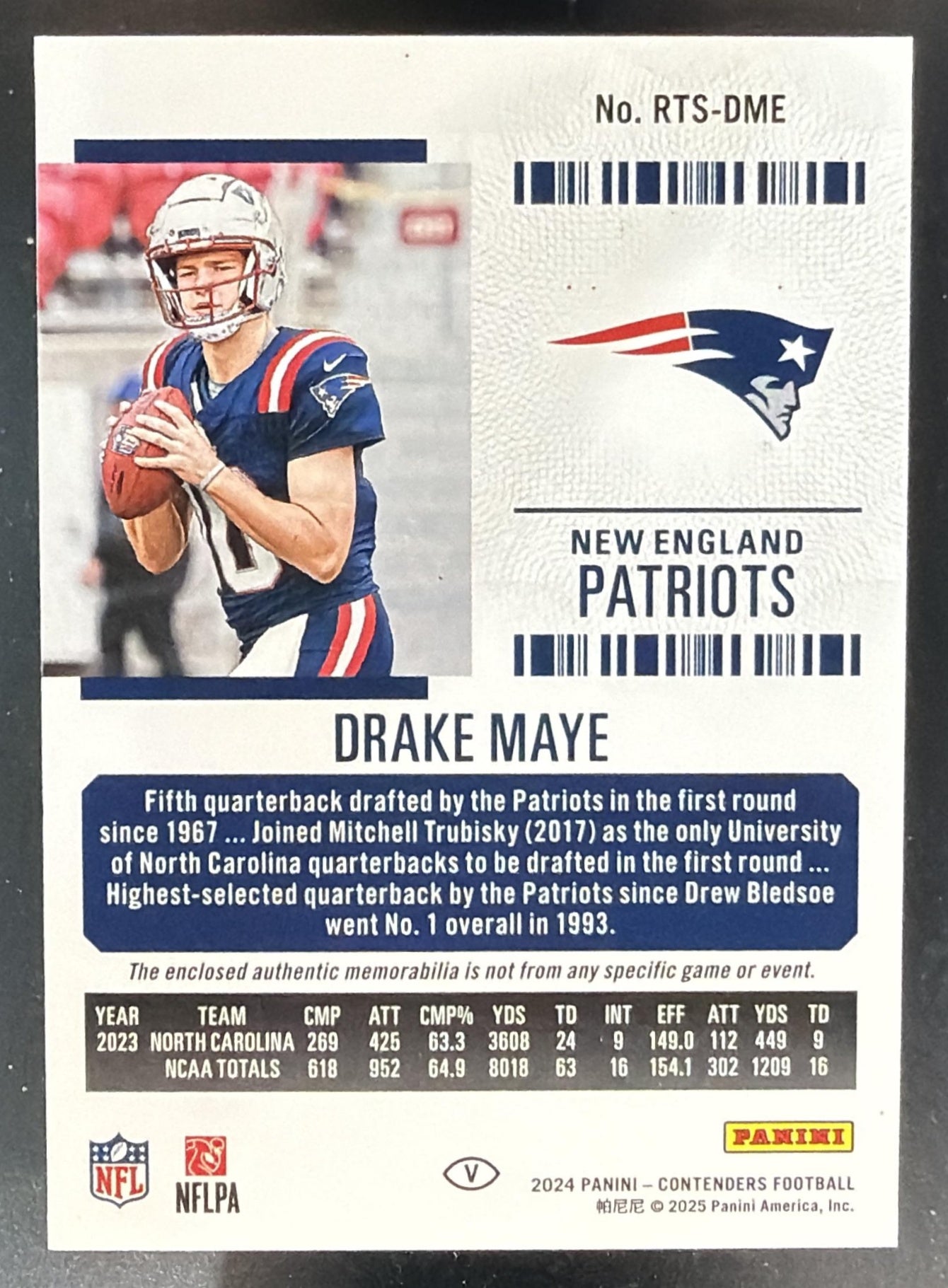 2024 Panini Contenders Drake Maye Rookie Ticket Swatches Variation MEM RC VAR — back