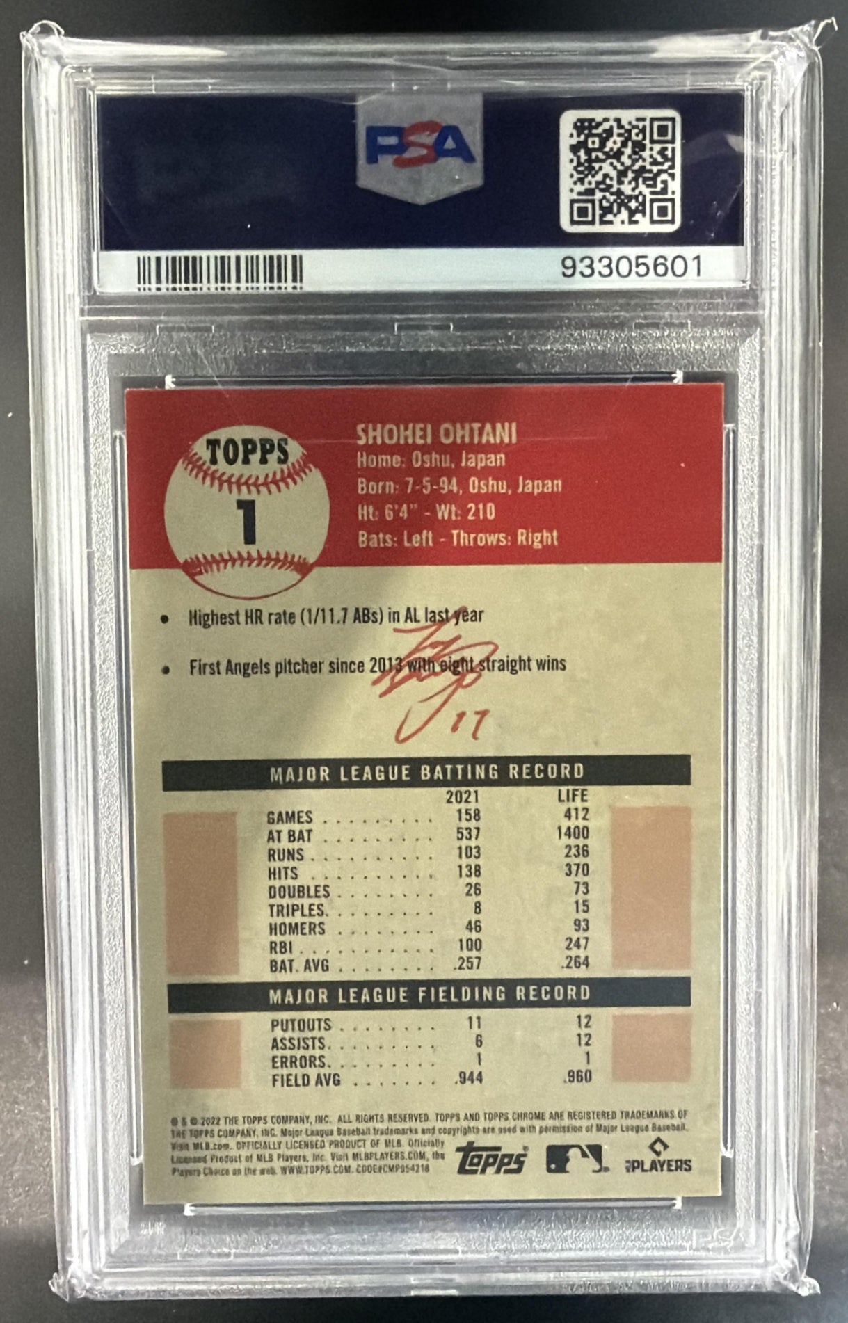 2022 Topps Chrome Platinum Anniversary Shohei Ohtani Blue Prism Refractor PSA 9 — back