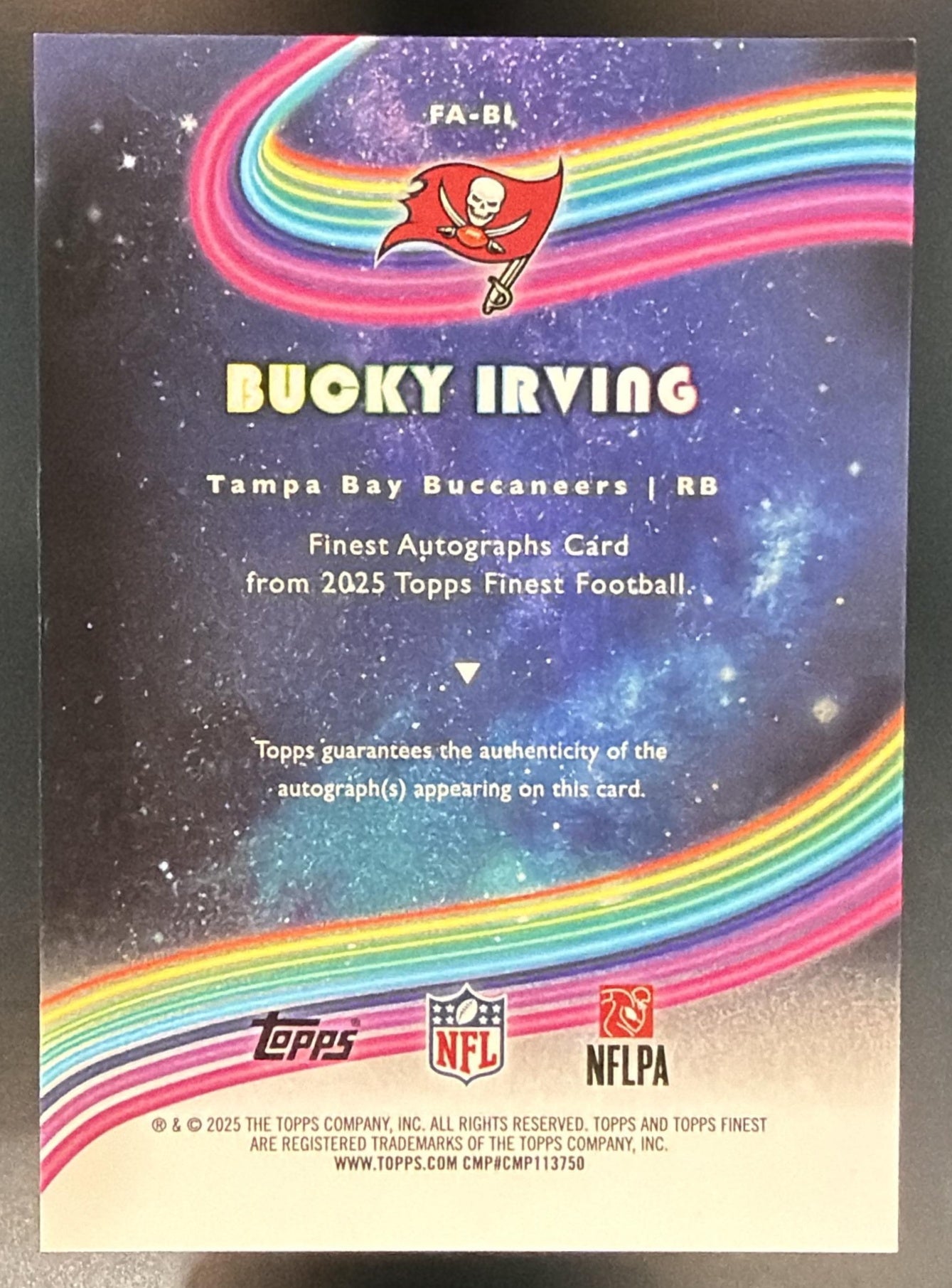 2025 Topps Finest Bucky Irving #FA-BI Auto Blue Geometric Refractor /99 — back