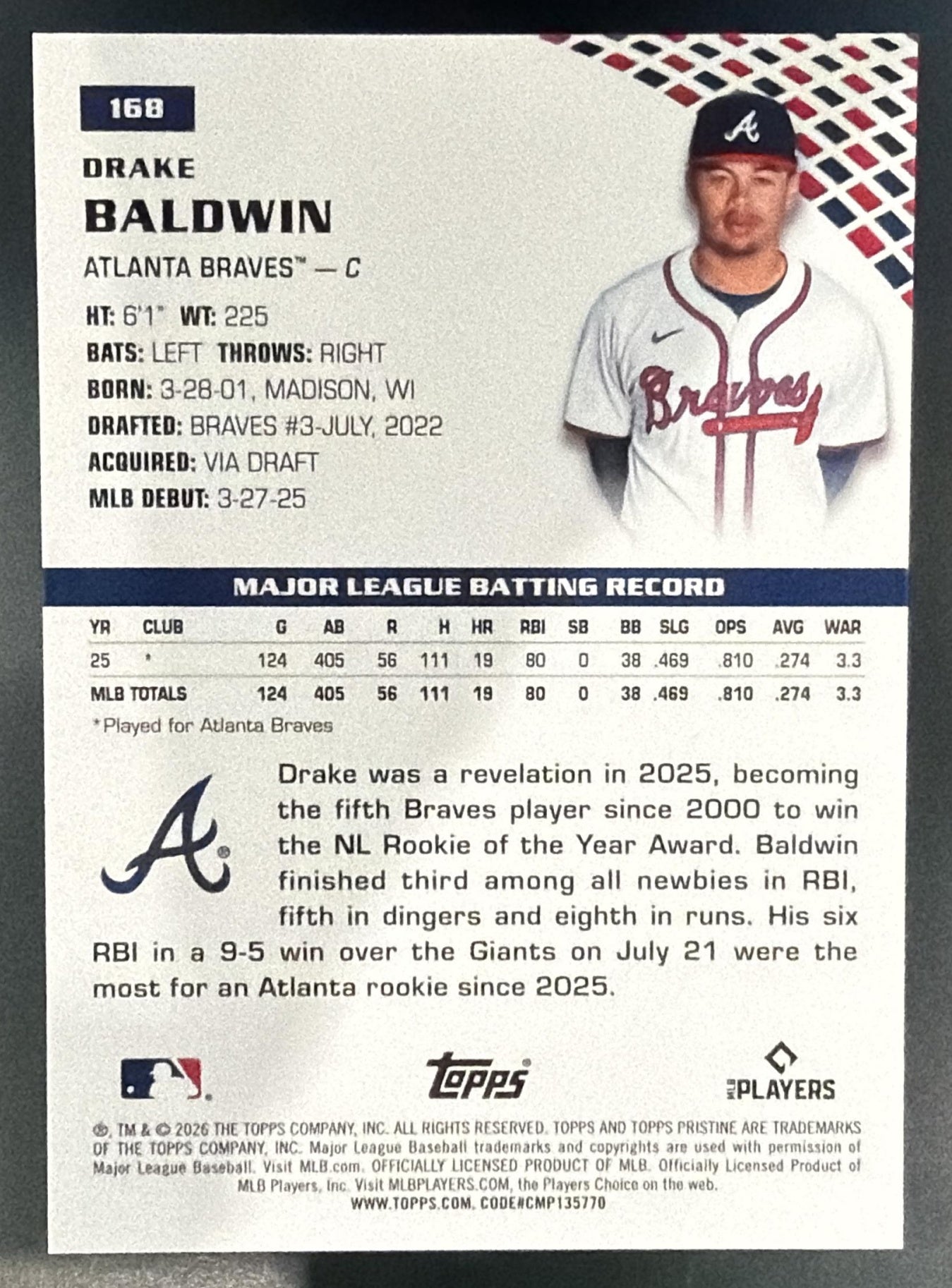 2026 Topps Pristine Drake Baldwin #168 Blue Refractor 46/75 Braves — back