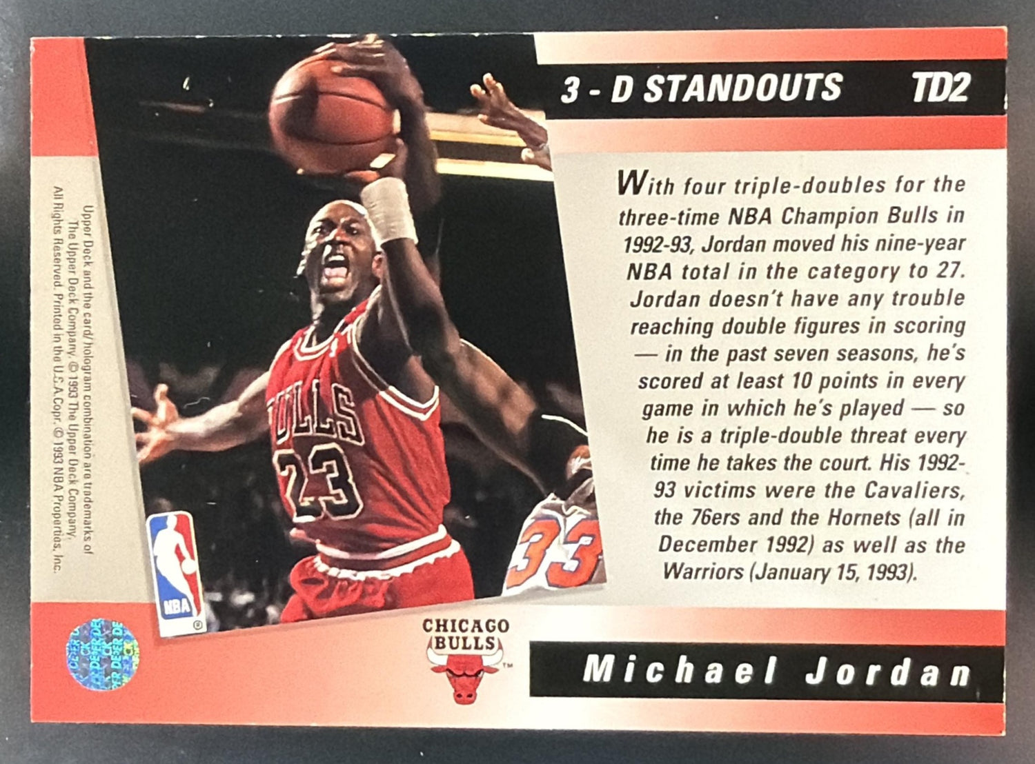 1993-94 Upper Deck Michael Jordan #TD2 Triple Double 3 D Standouts Bulls — back