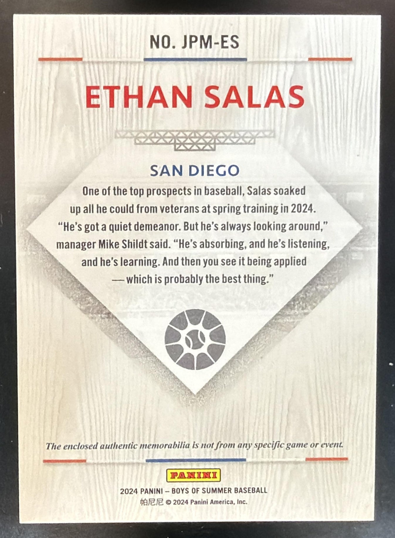 2024 Panini Boys of Summer Ethan Salas #JPM-ES Jumbo Prospect Materials /49 MEM — back