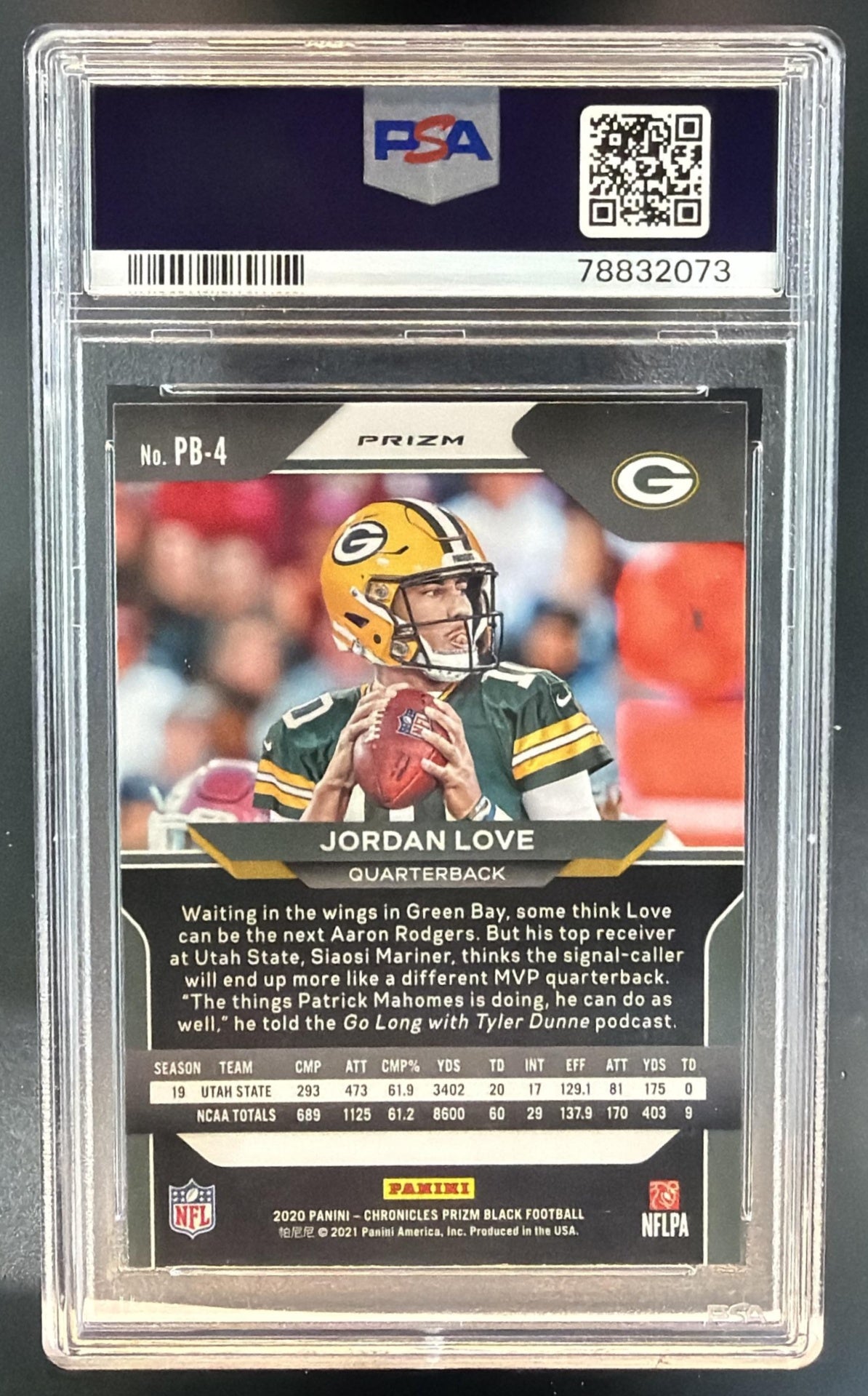 2020 Panini Chronicles Jordan Love #PB-4 Prizm Black Silver RC Packers PSA 9 — back