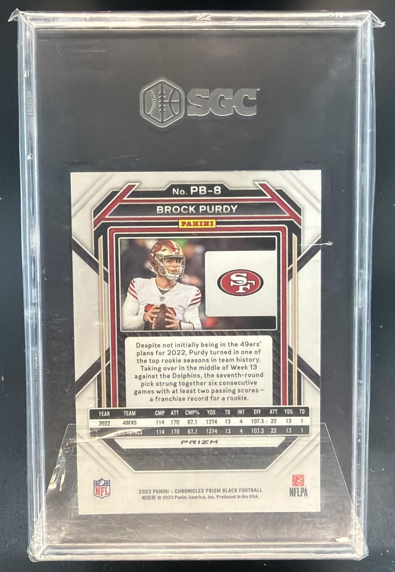 2022 Panini Chronicles Brock Purdy #PB-8 Prizm Black Silver RC 49ers SGC 10 — back
