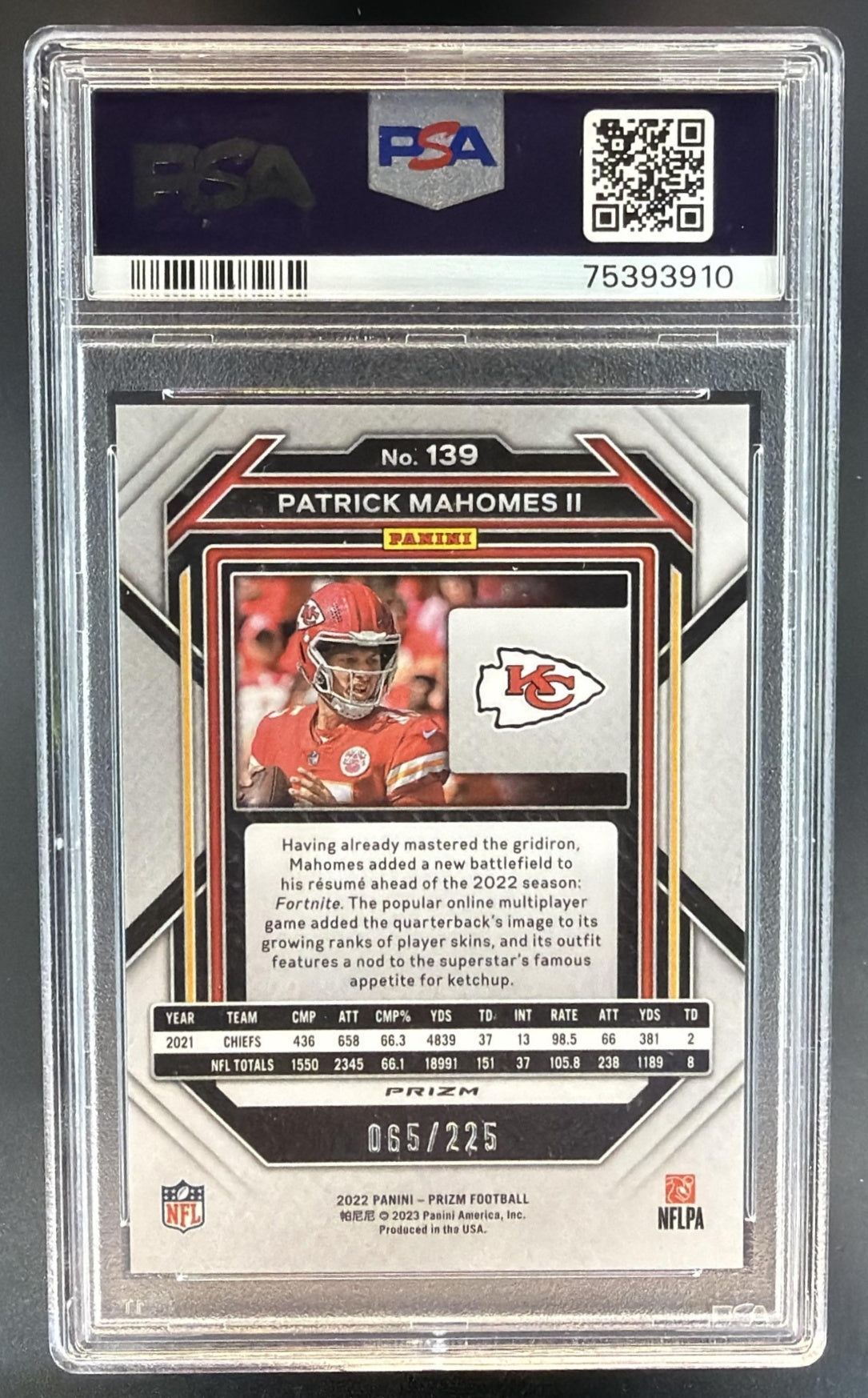 2022 Panini Prizm Patrick Mahomes II #139 Purple Ice 65/225 Chiefs PSA 9 — back