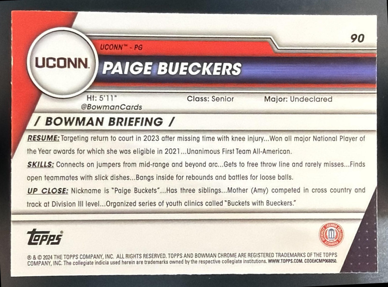2023-24 Bowman University Chrome Sapphire Paige Bueckers #90 Huskies — back