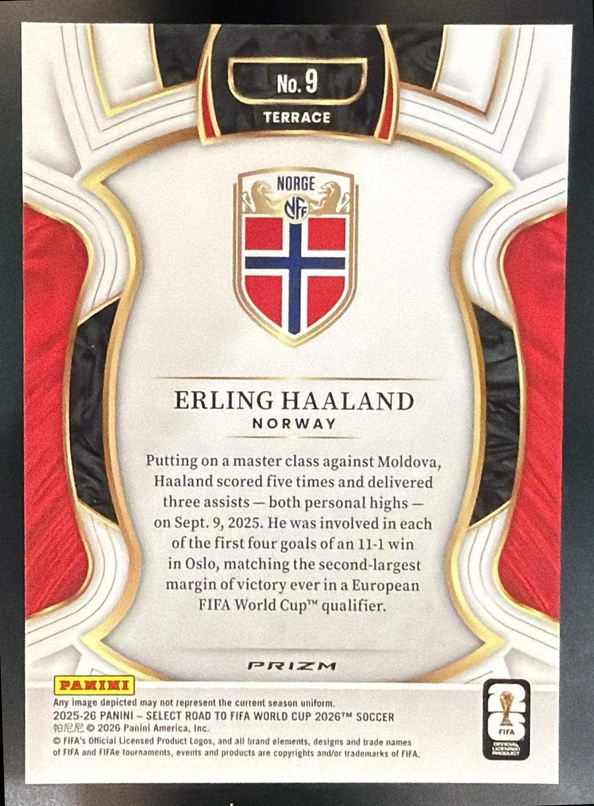 2025 Panini Select Road to FIFA World Cup Erling Haaland #9 Terrace Red Pandora — back