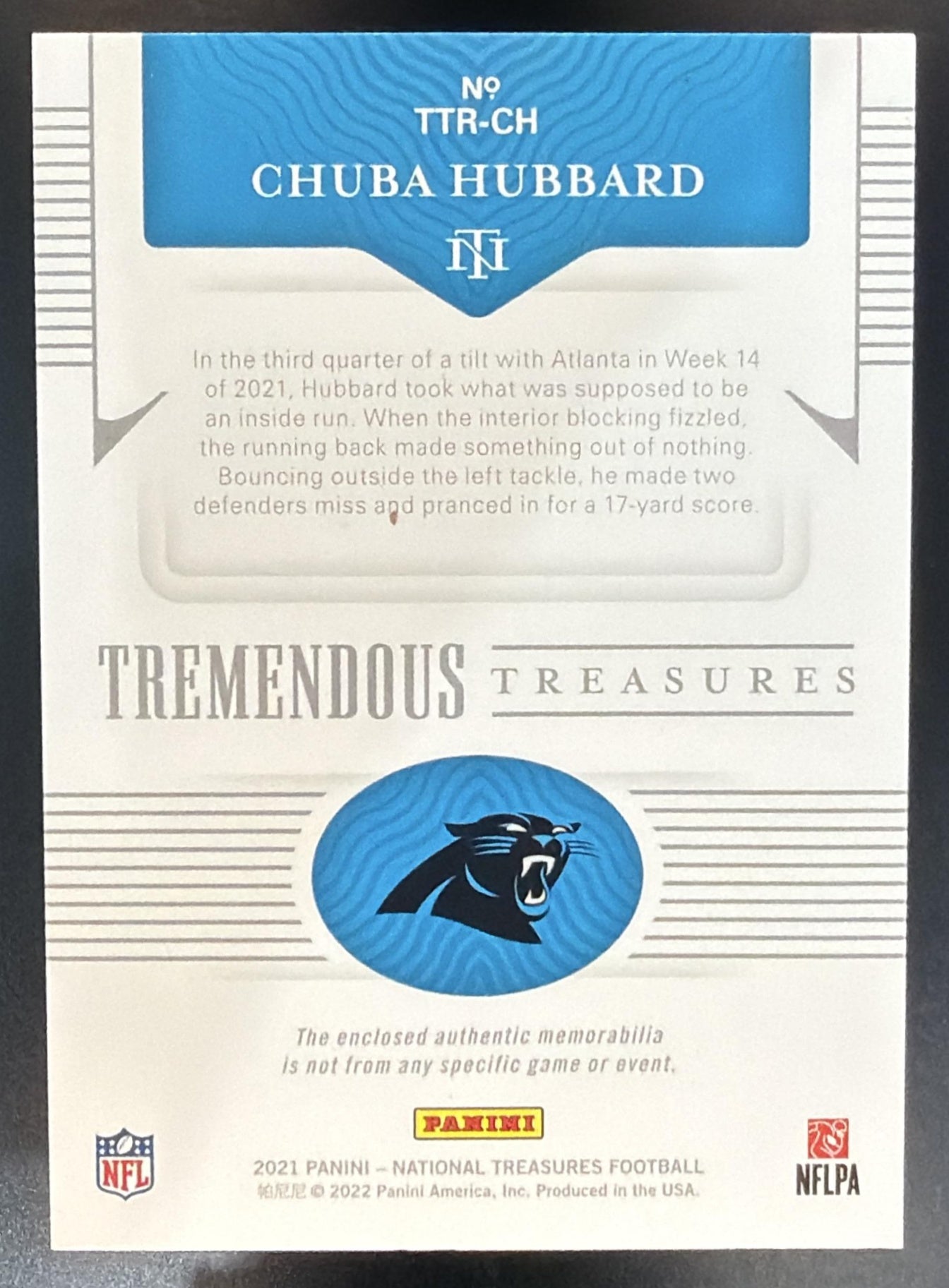 2021 Panini National Treasures Chuba Hubbard Tremendous Rookies /99 MEM RC — back