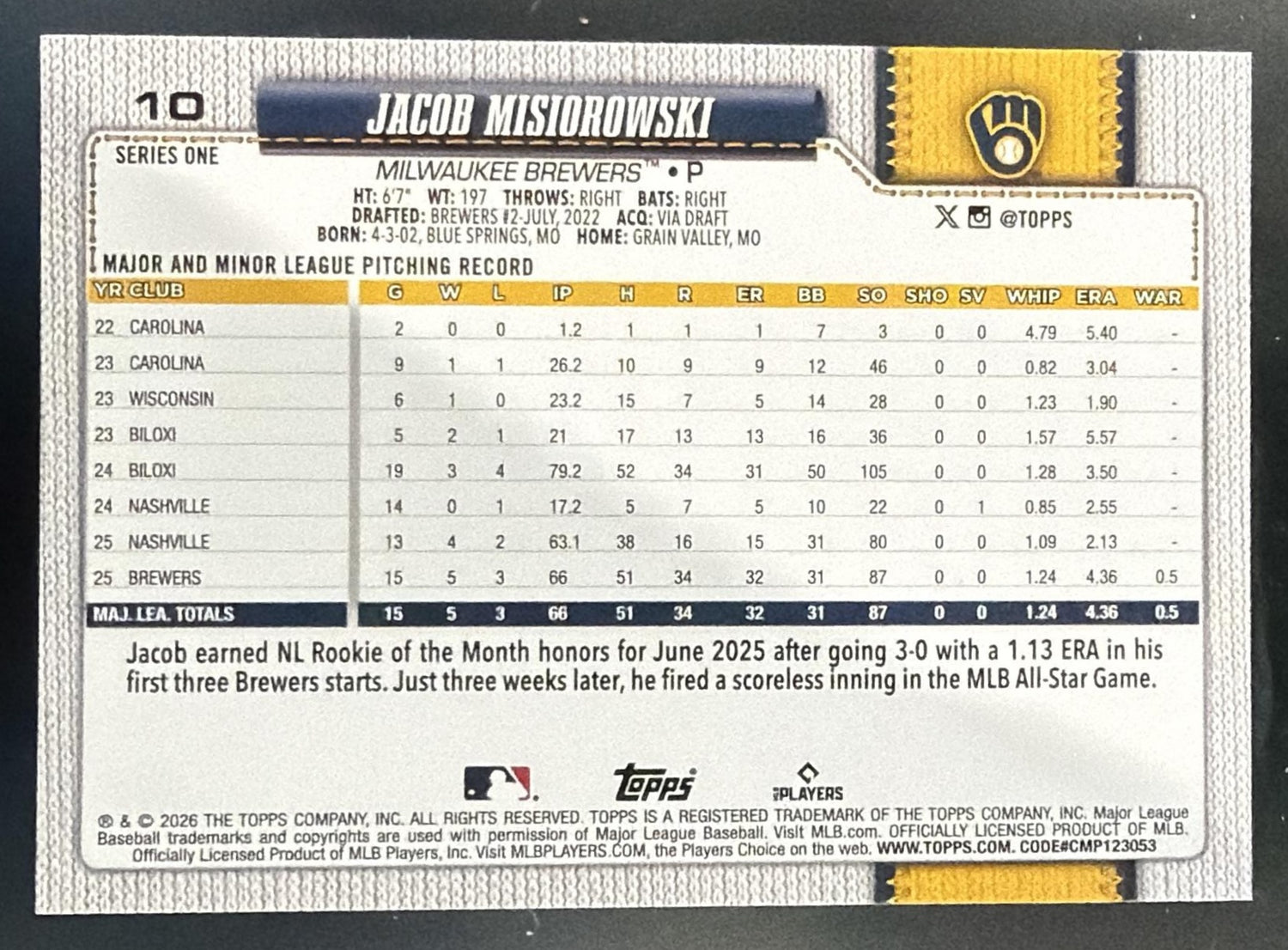 2026 Topps Series 1 Jacob Misiorowski #10 Sandglitter RC Brewers — back