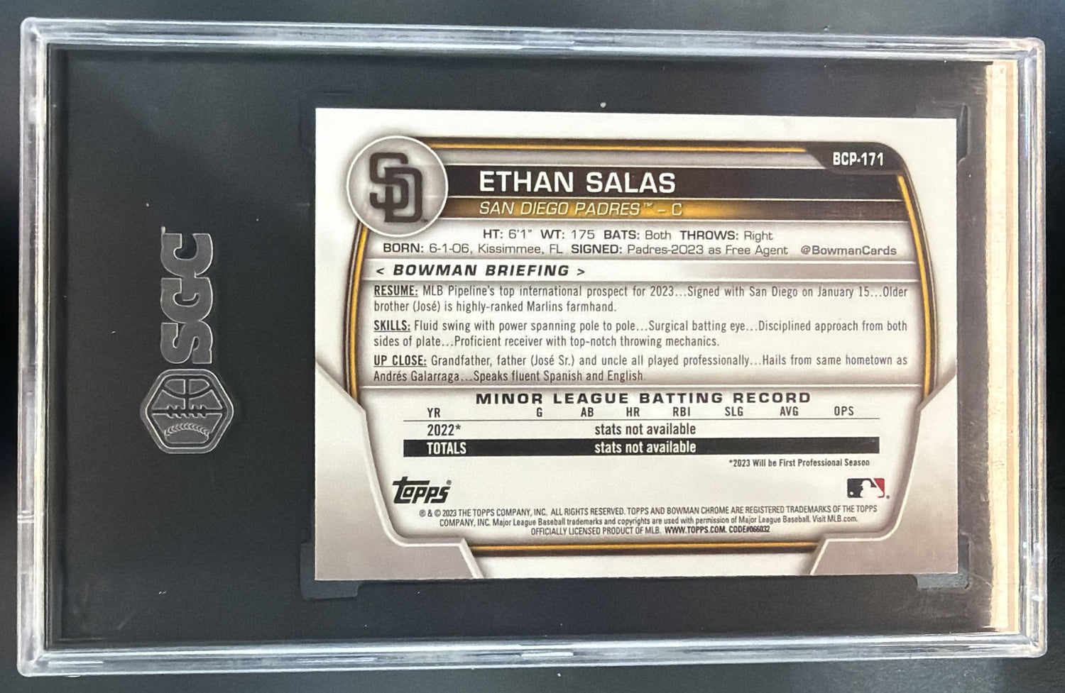 2023 Bowman Chrome Ethan Salas #BCP-171 Mojo Refractor 1st Prospect SGC 10 — back