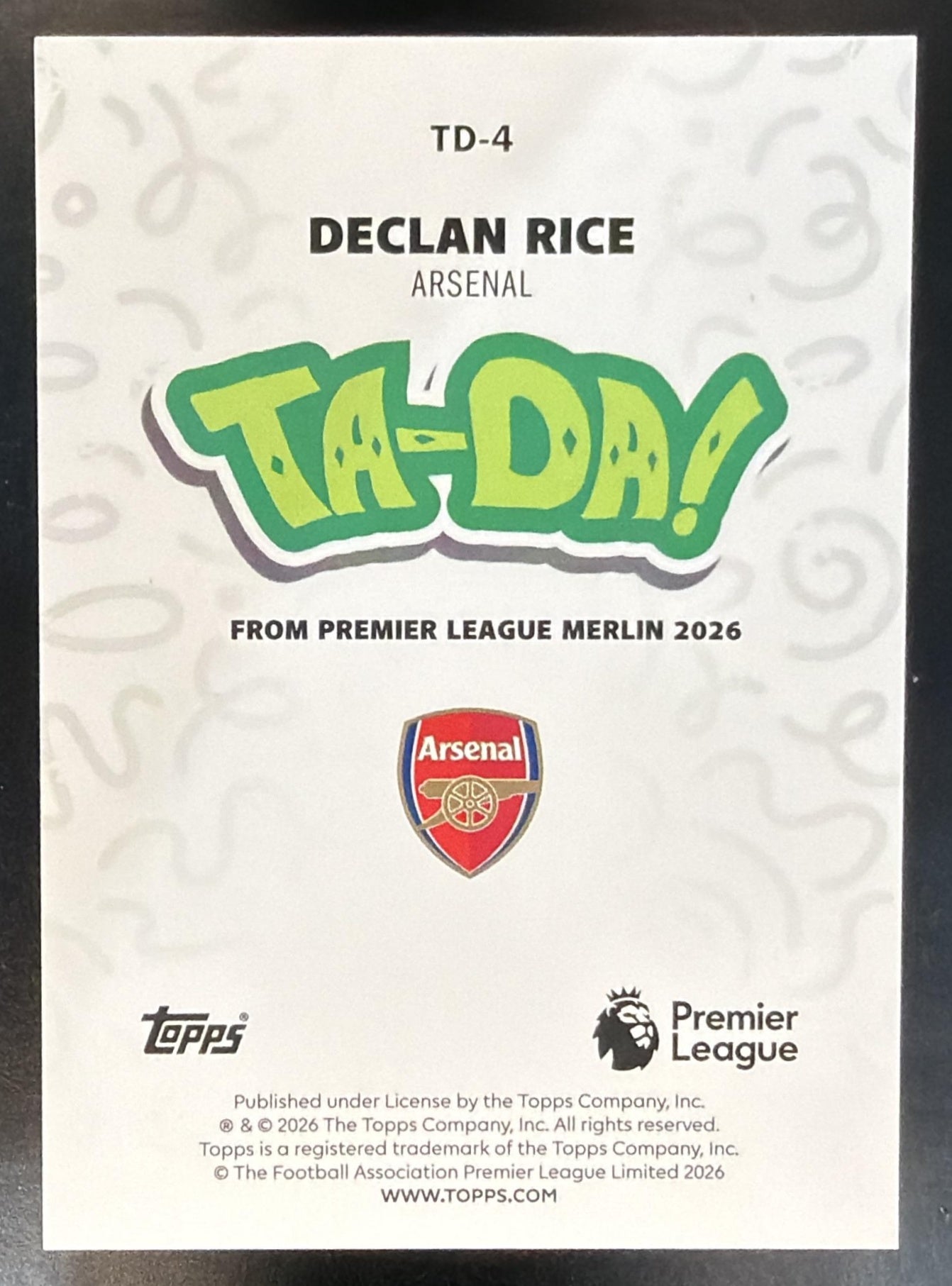 2026 Topps Merlin Premier League Declan Rice #TD-4 Ta-Da Green Refractor /99 — back