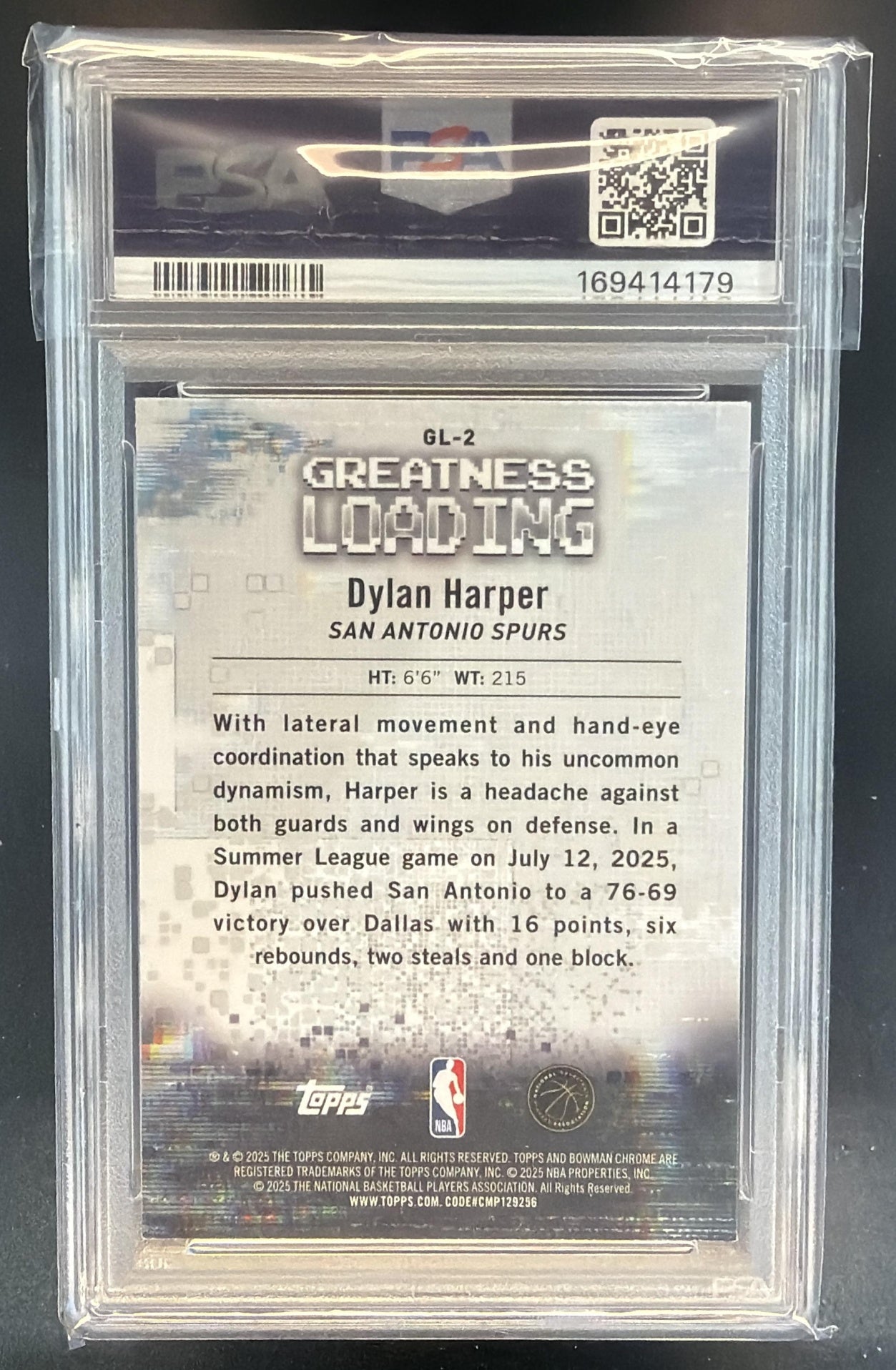 2025-26 Bowman Dylan Harper #GL-2 Chrome Greatness Loading RC Spurs PSA 8 — back