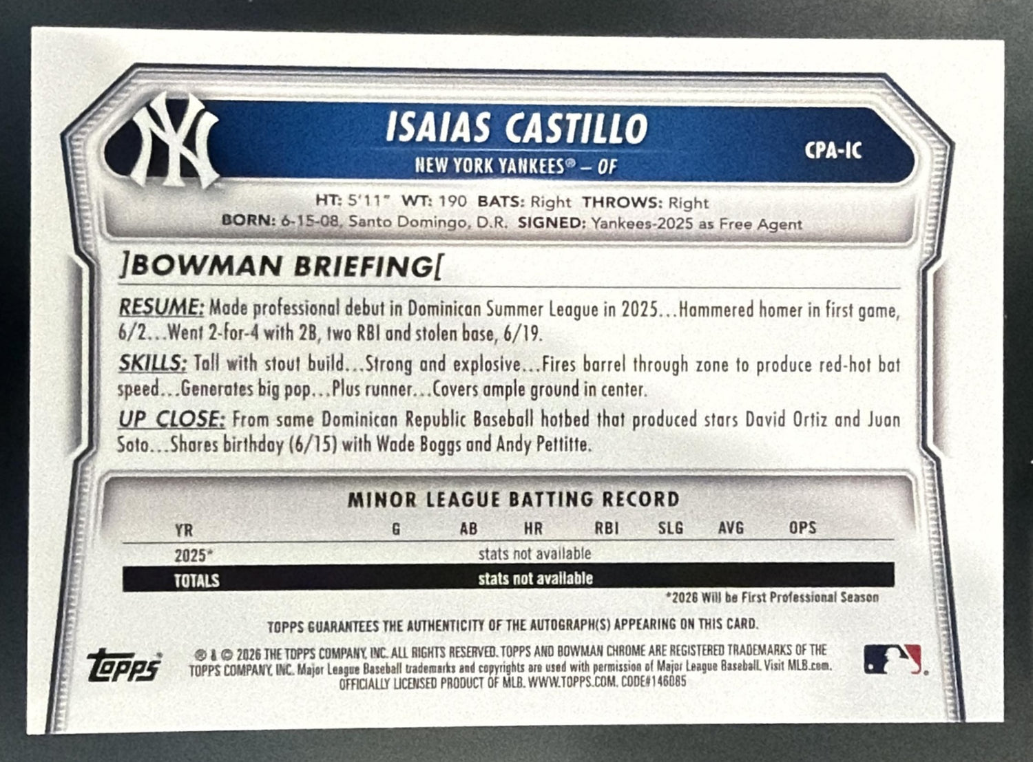 2026 Bowman Chrome Isaias Castillo Auto Sunflower Seeds Refractor /5 1st SSP — back
