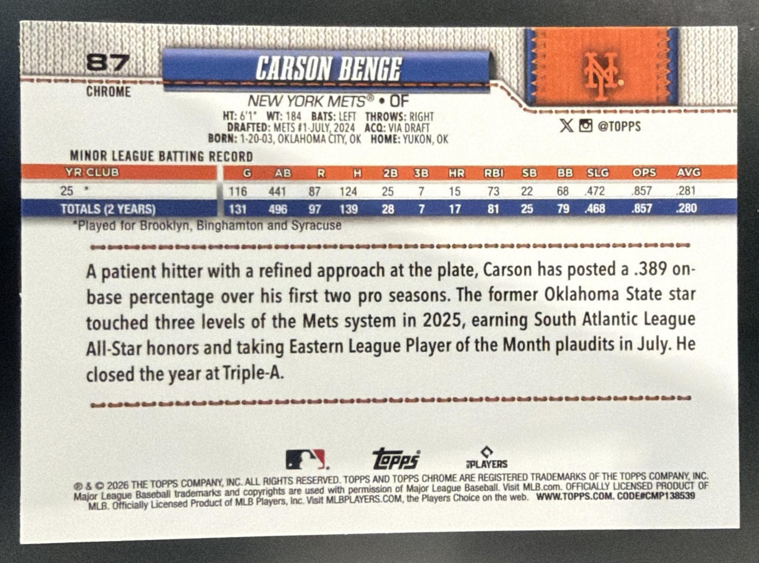2026 Topps Chrome LogoFractor Carson Benge #87 RC Mets — back