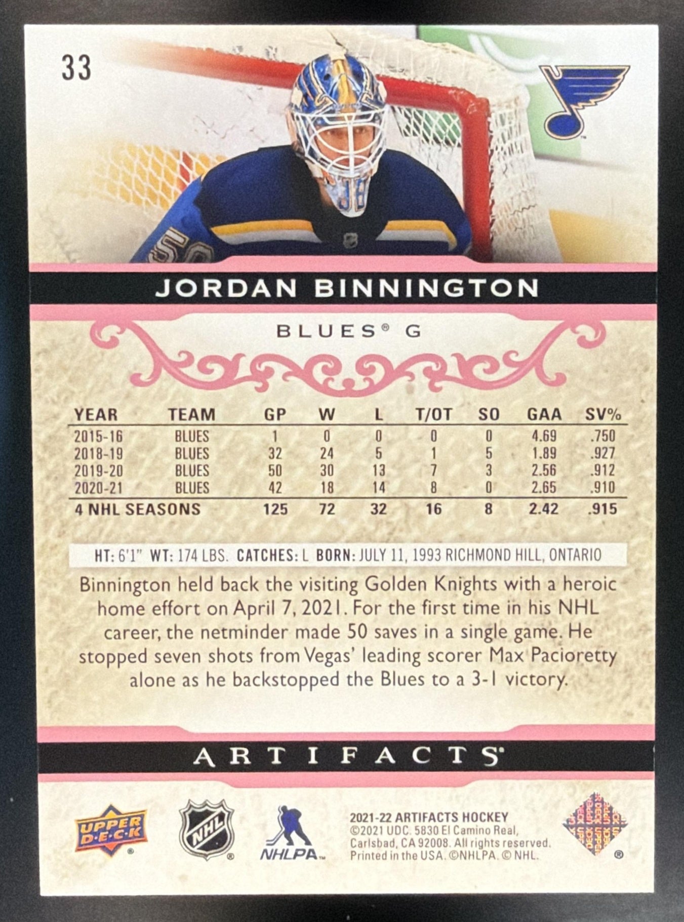 2021-22 Upper Deck Artifacts Jordan Binnington #33 Rose 14/65 Blues — back
