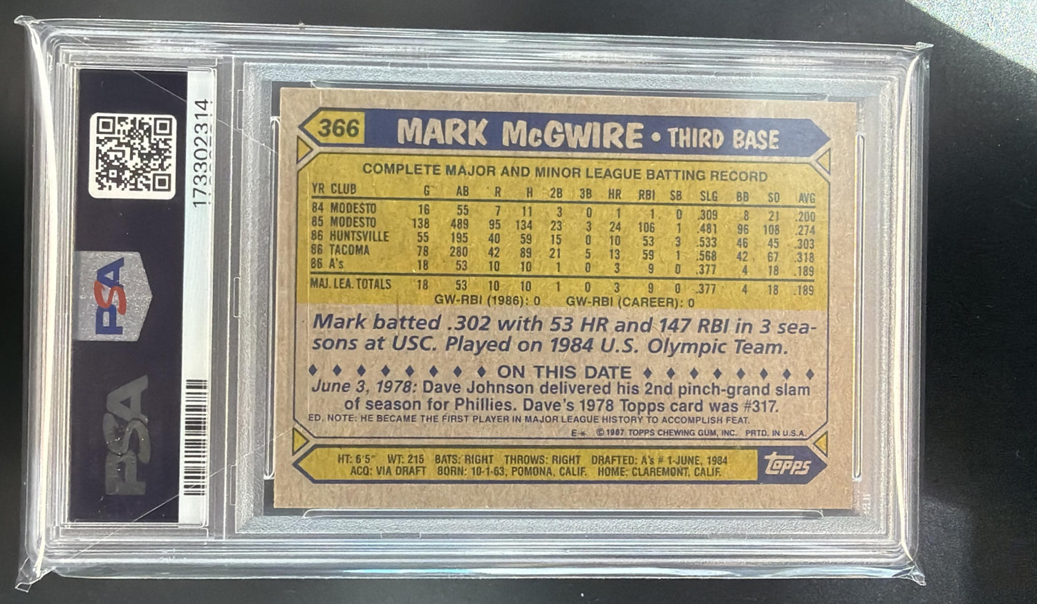 1987 Topps Mark McGwire #366 RC Athletics PSA 8 — back