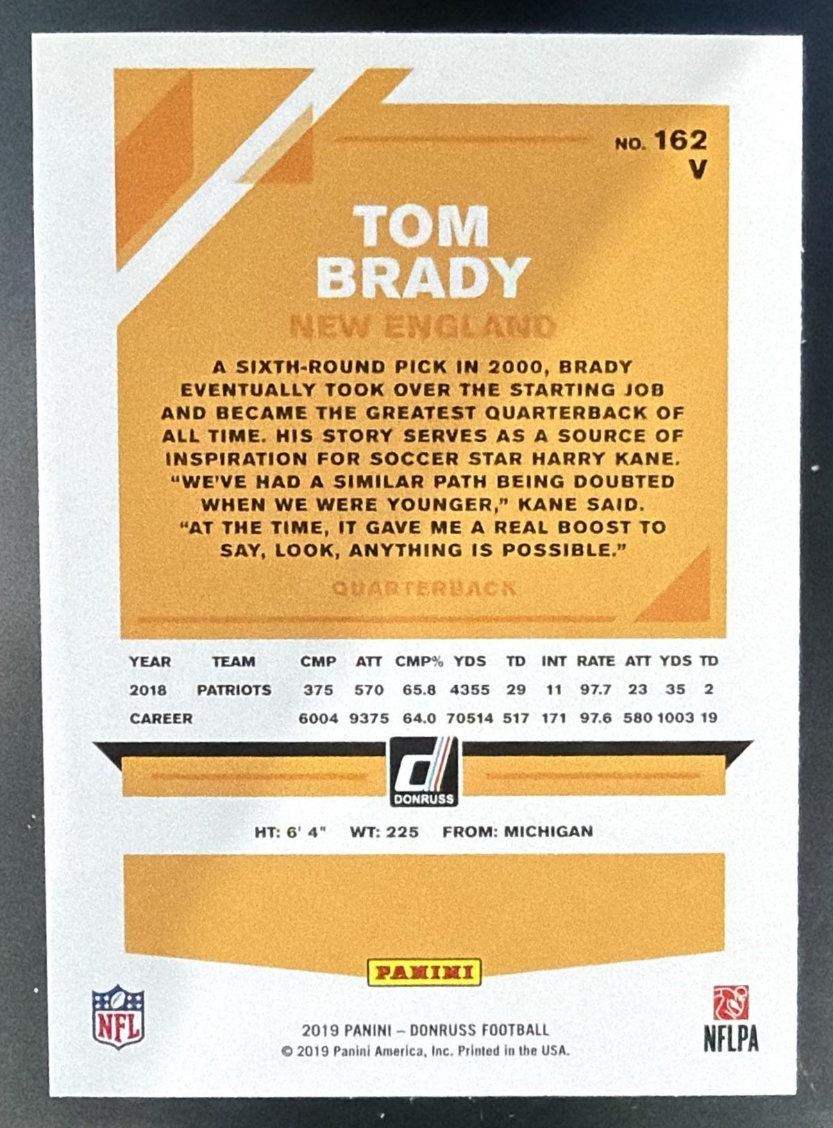 2019 Panini Donruss Tom Brady #162V Press Proof Red Patriots — back
