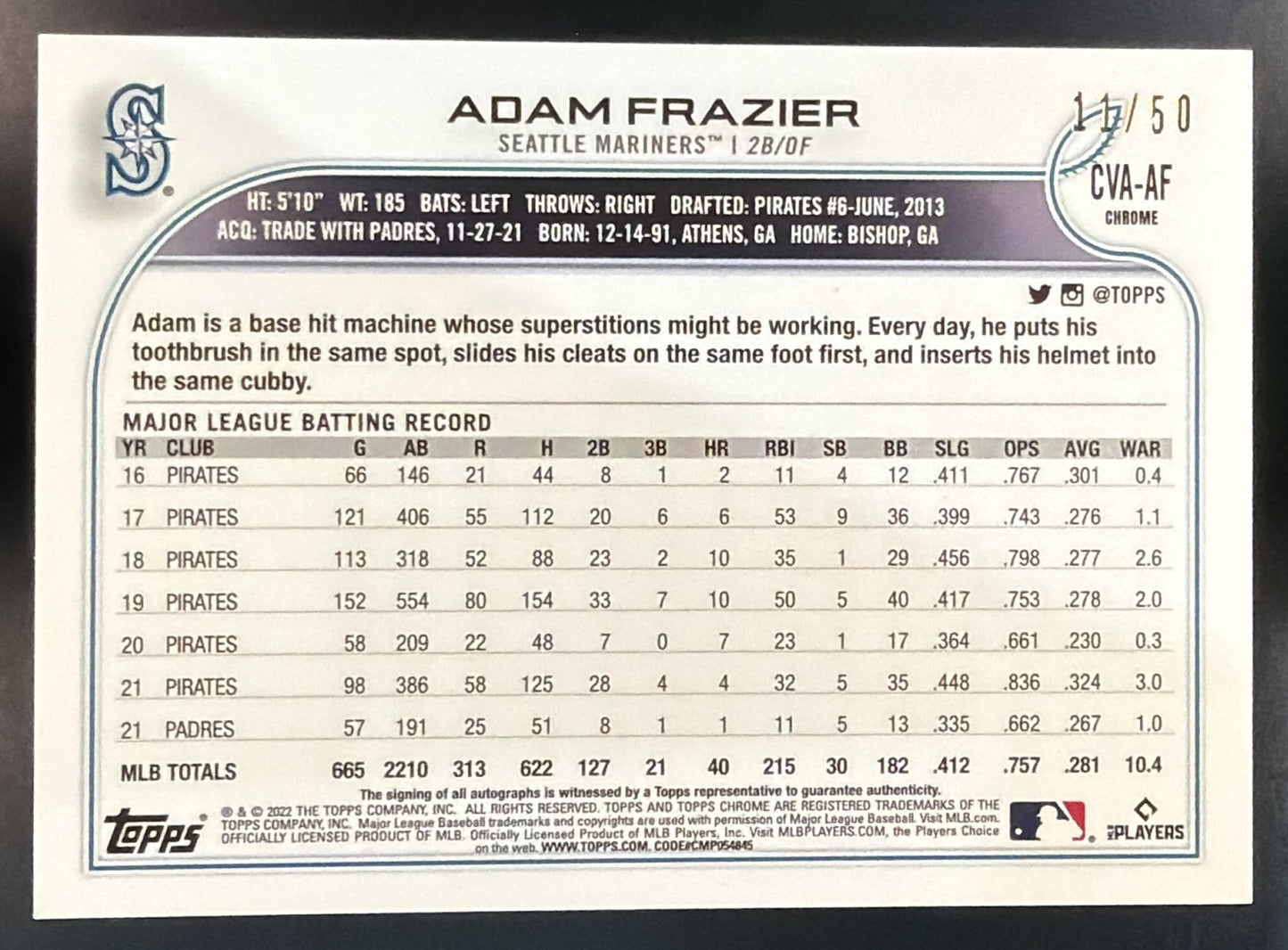 2022 Topps Chrome Adam Frazier #CVA-AF Veteran Auto Gold Wave Refractor /50 — back