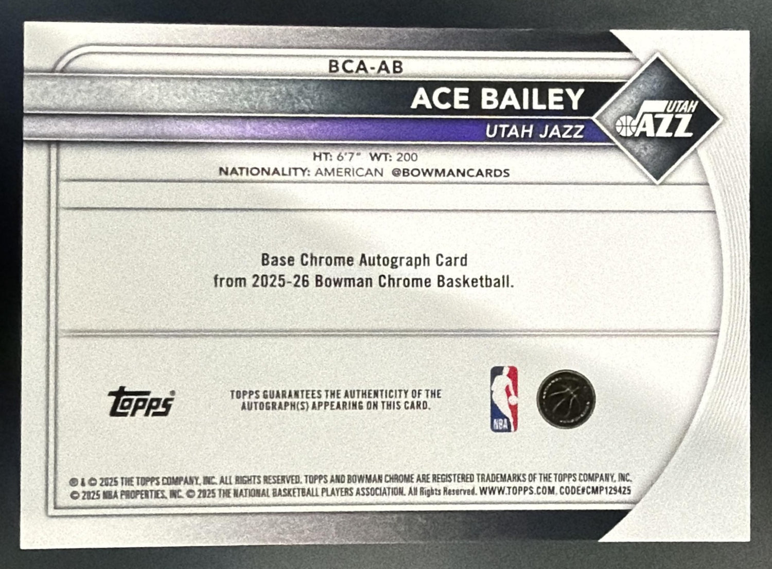 2025-26 Bowman Ace Bailey #BCA-AB Chrome Auto Purple Refractor 170/250 RC Jazz — back
