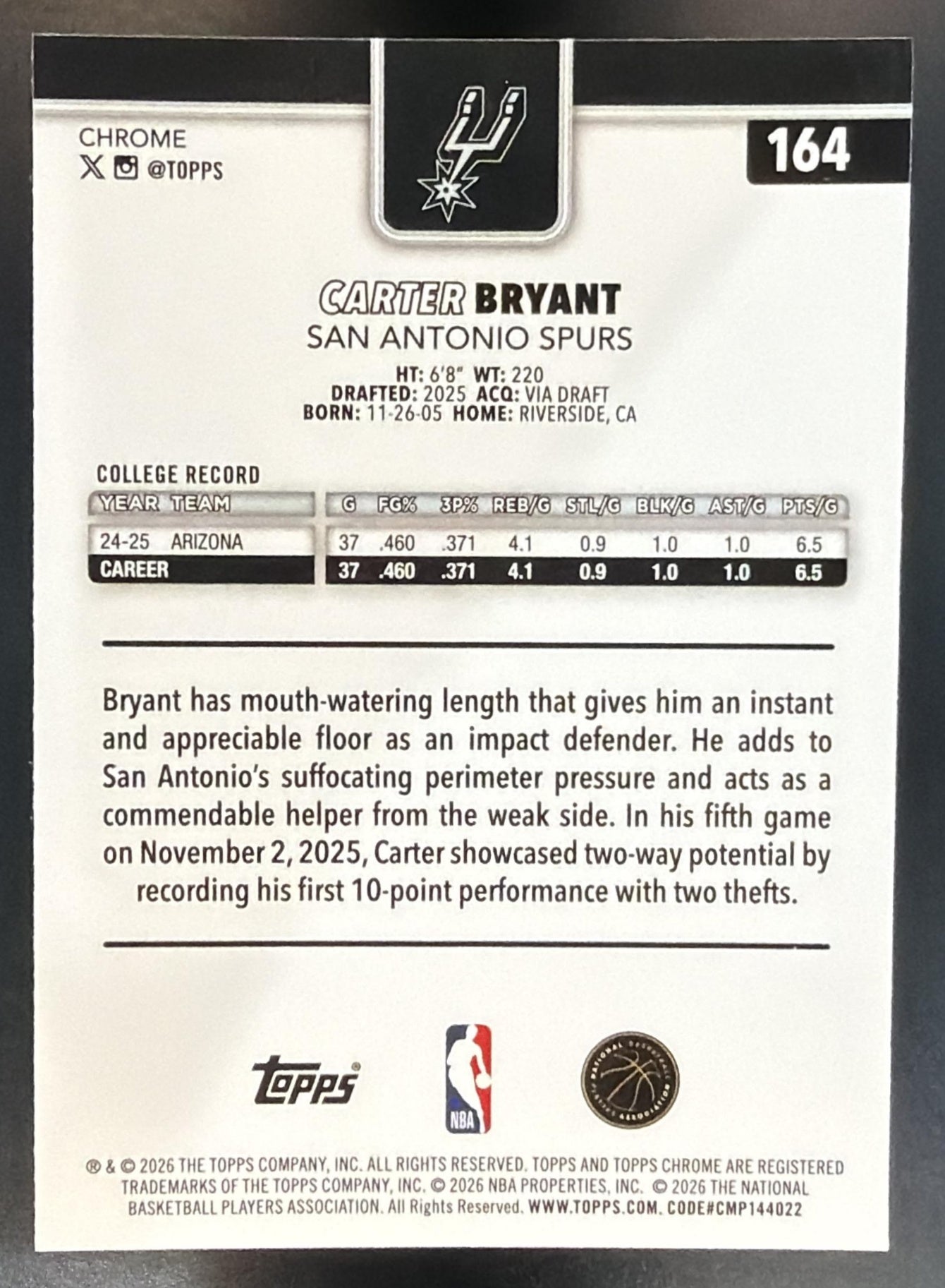 2025-26 Topps Chrome Update Carter Bryant #164 Negative Refractor RC Spurs — back