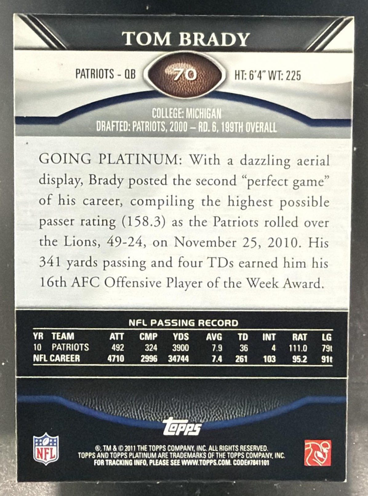 2011 Topps Platinum Tom Brady #70 Patriots — back