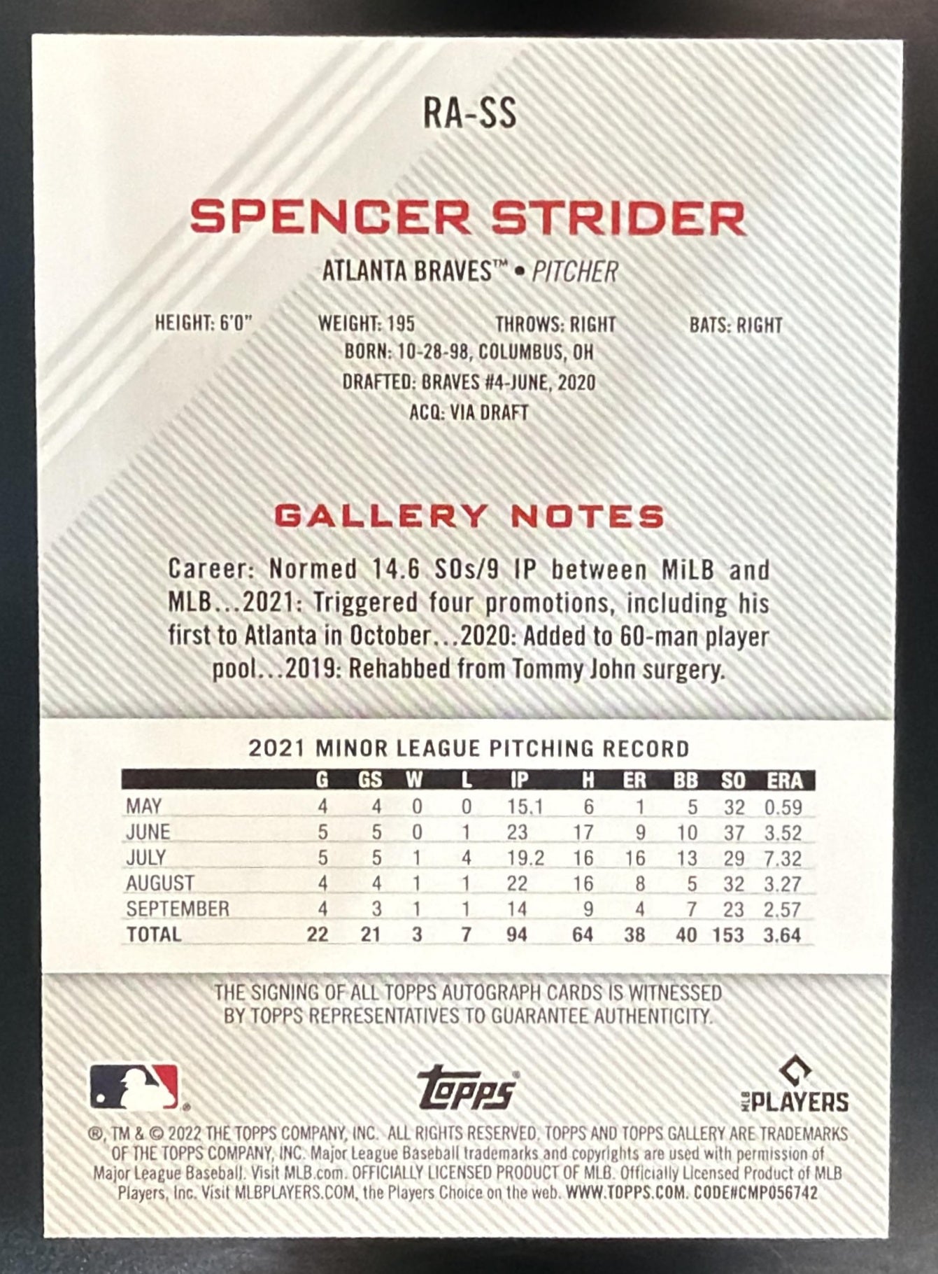 2022 Topps Gallery Spencer Strider #RA-SS Rookies Auto RC Braves — back