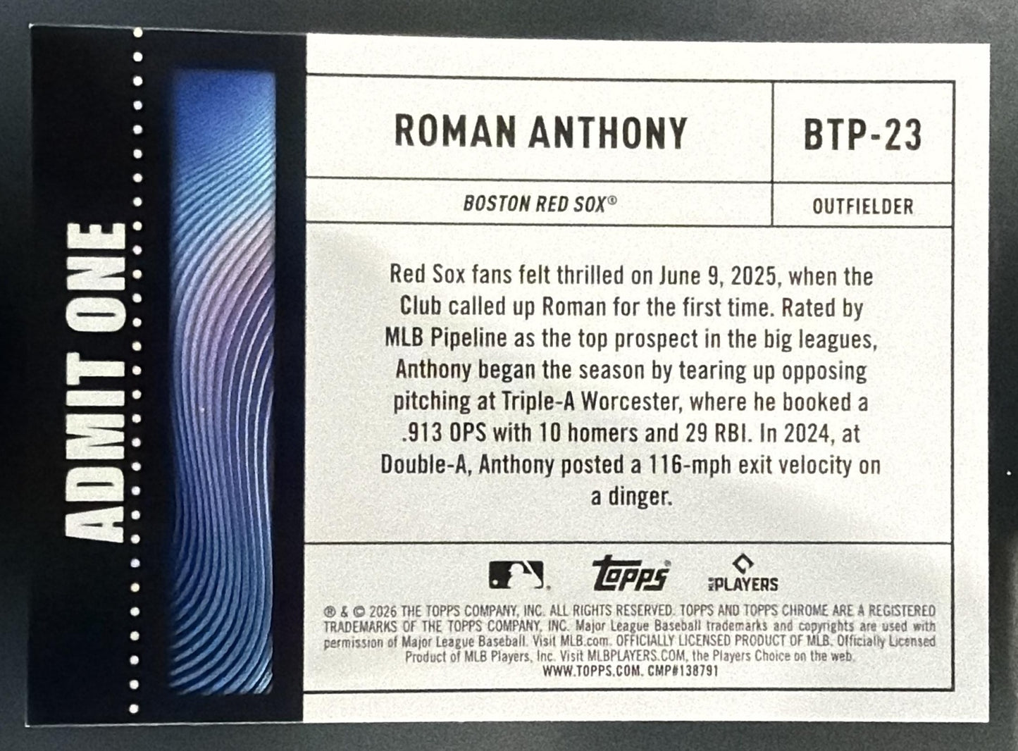 2026 Topps Chrome LogoFractor Roman Anthony Big Ticket Green Refractor /99 RC — back
