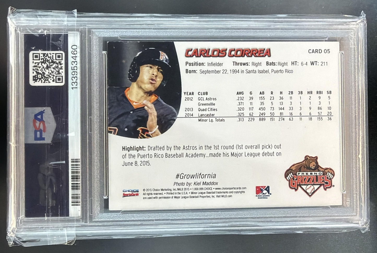 2015 Choice Carlos Correa #5 Auto Fresno Grizzles PSA Auto 10 — back