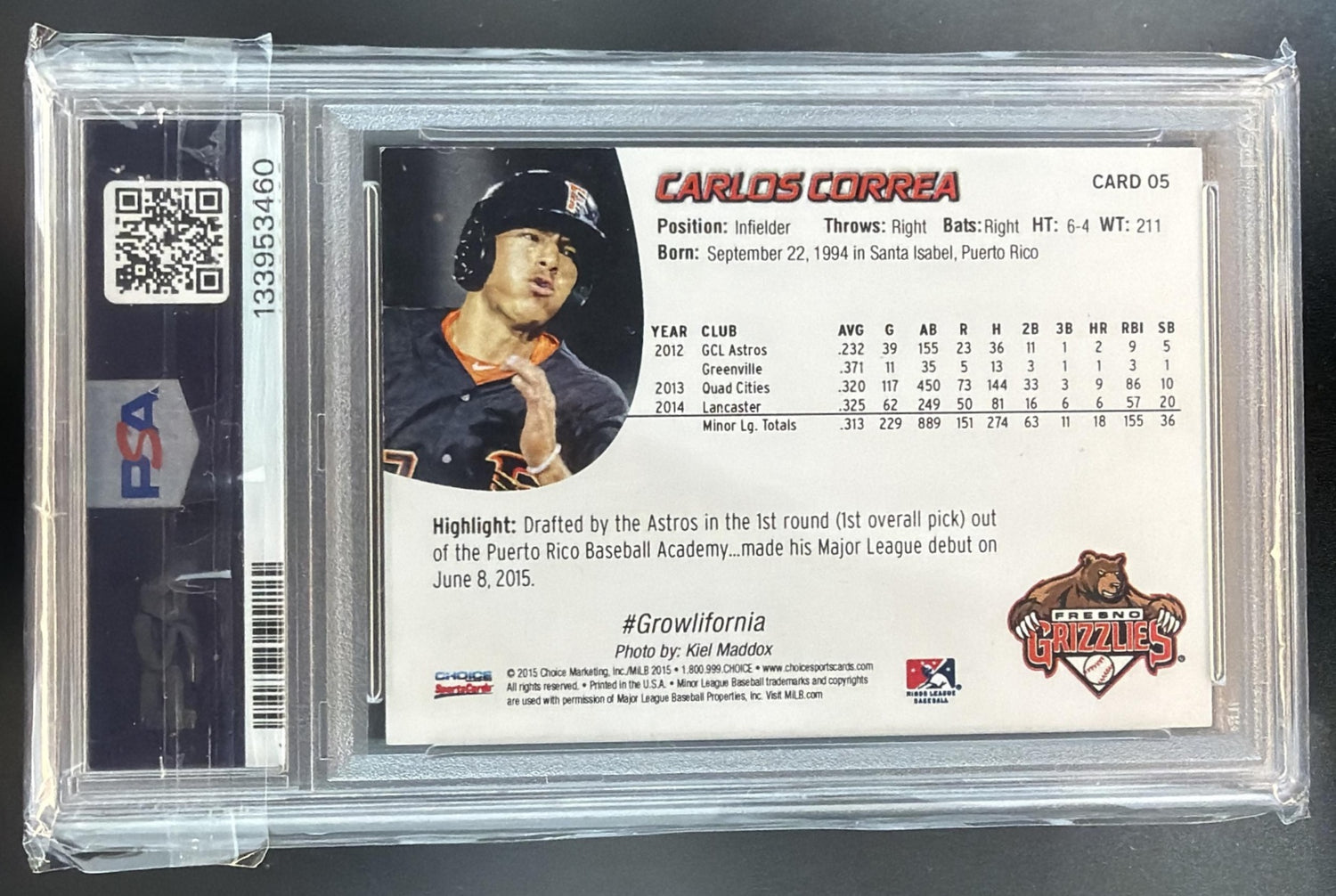 2015 Choice Carlos Correa #5 Auto Fresno Grizzles PSA Auto 10 — back